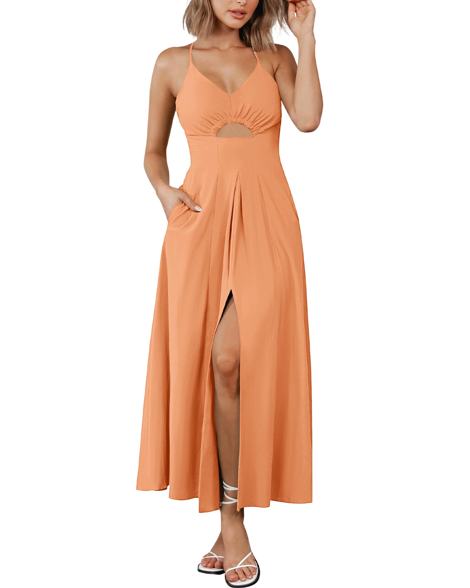 BTFBM Women Spaghetti Strap Midi Summer Dresses Sleeveless V Neck Cutout Slit Casual Beach Party Maxi Dress Pockets