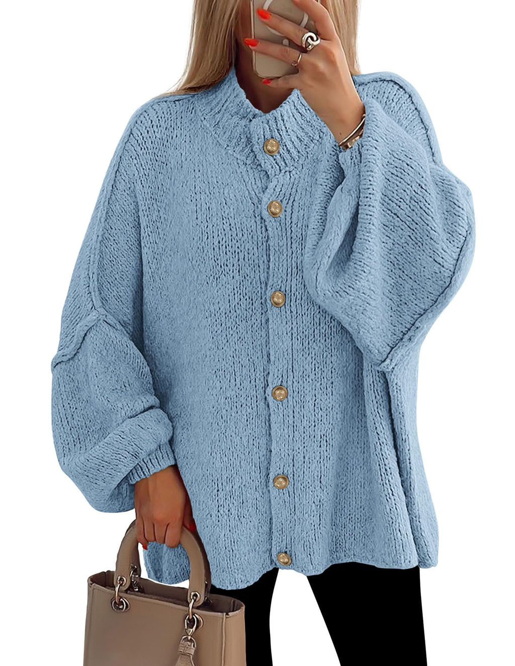 PRETTYGARDEN Women's Winter Button Down Cardigan Sweaters Mock Neck Lantern Long Sleeve Chunky Knit Jacket Trendy Outerwear