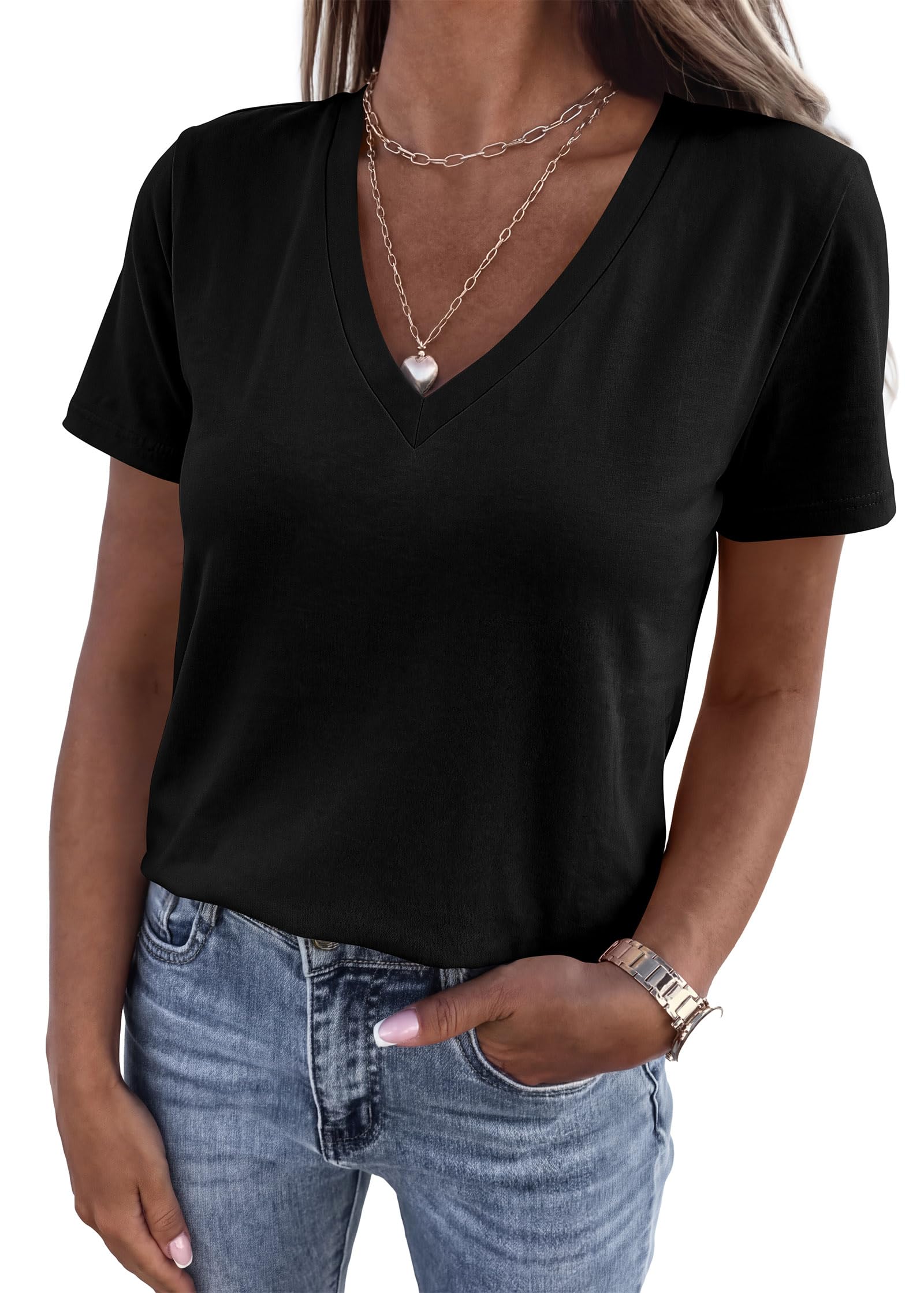 FreshPretty V Neck T Shirts for Women Summer Tops Spring Short Sleeve Dressy Casual Blouses Basic Tees Fashion Clothing