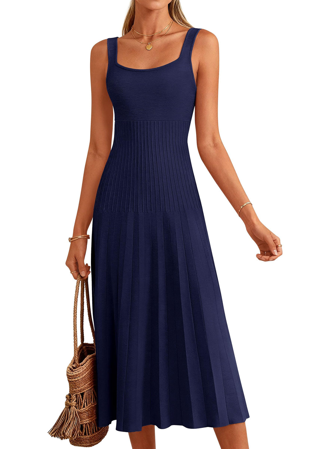PRETTYGARDEN Spring Dresses for Women Summer Casual Sleeveless Square Neck A Line Knit Pleated Midi Cocktail Party Dress