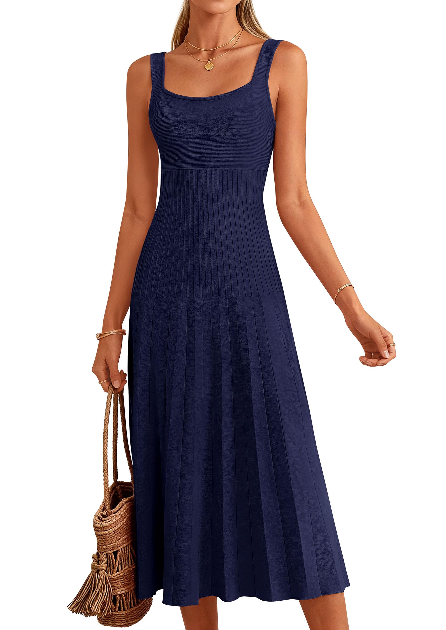 PRETTYGARDEN Spring Dresses for Women Summer Casual Sleeveless Square Neck A Line Knit Pleated Midi Cocktail Party Dress