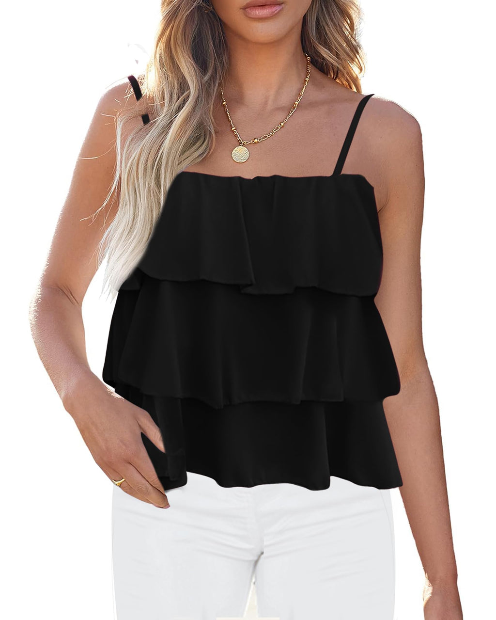 FreshPretty Spaghetti Strap Ruffle Babydoll Peplum Tank Tops for Women Summer Cute Flowy Beach Vacation Cruise Outfits