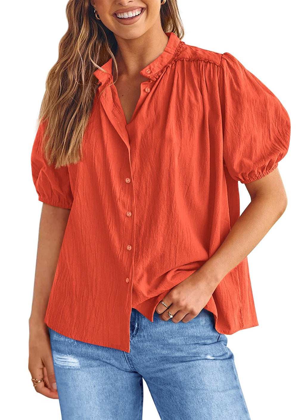 PRETTYGARDEN Women's Summer Button Down Shirts Short Lantern Sleeve V Neck Cotton Cute Dressy Casual Ladies Tops Blouses