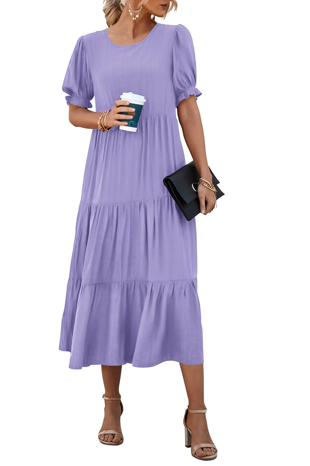 PRETTYGARDEN Summer Dresses for Women Casual Floral Boho Midi Sun Dress Puff Short Sleeve Flowy Beach Vacation Sundress