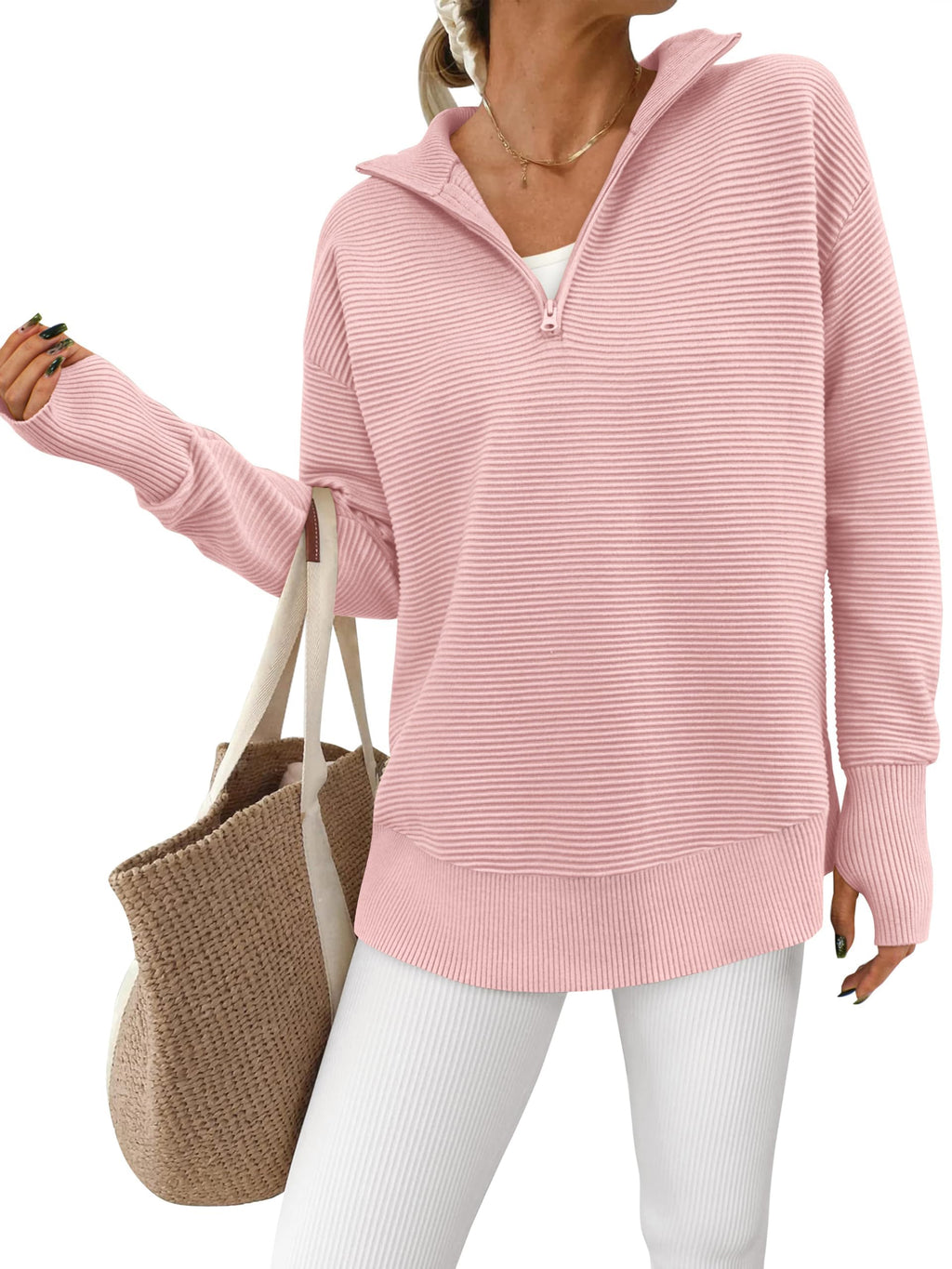 PRETTYGARDEN Womens Long Sleeve Quarter Zip Pullover Sweater Casual Loose V Neck Collared Ribbed Knit Jumper Tops Thumb Hole