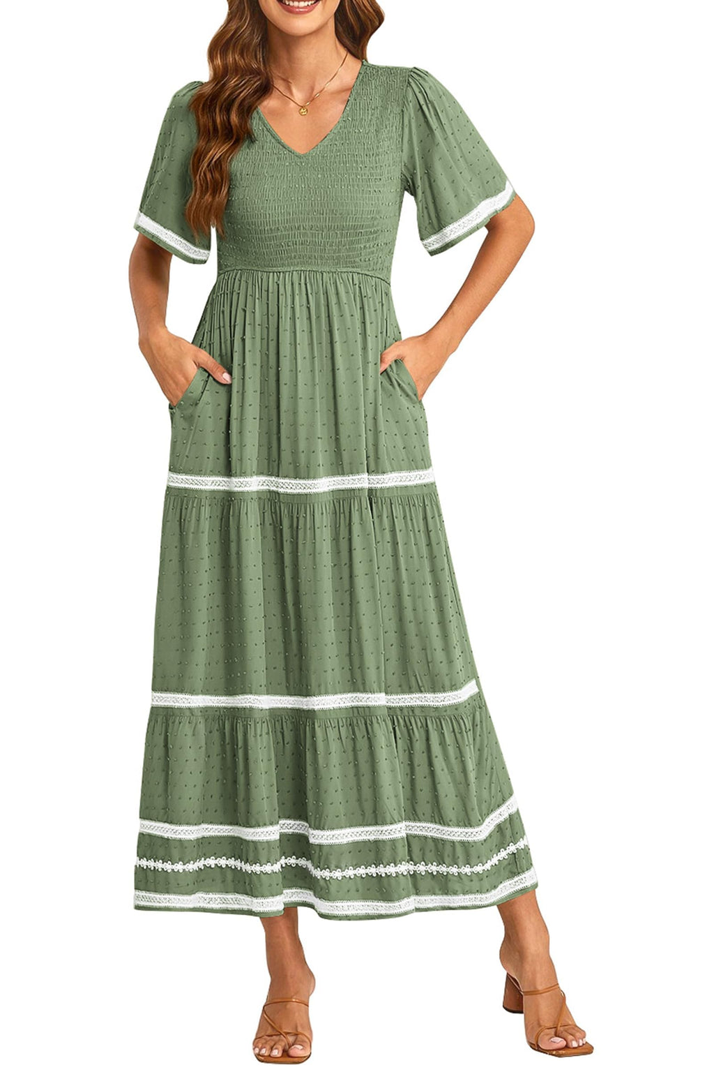 PRETTYGARDEN Women's Casual Summer Maxi Dress Short Sleeve Swiss Dot V Neck Smocked Long Flowy Beach Dresses
