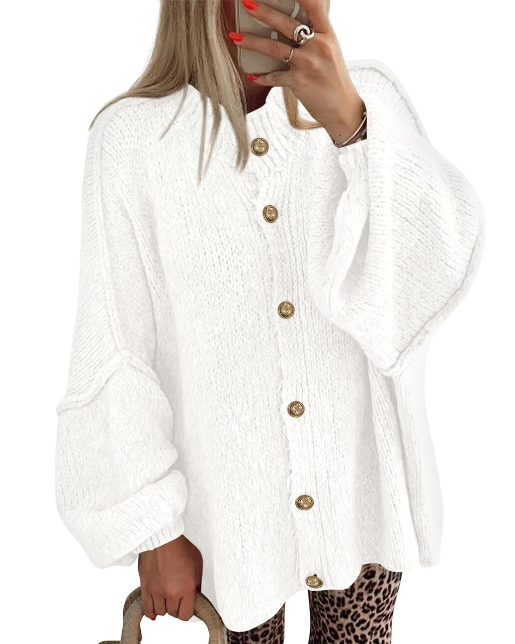 BTFBM Cardigan Sweaters for Women Fall Clothes Lantern Long Sleeve Button Open Front Chunky Knit Oversized Sweater