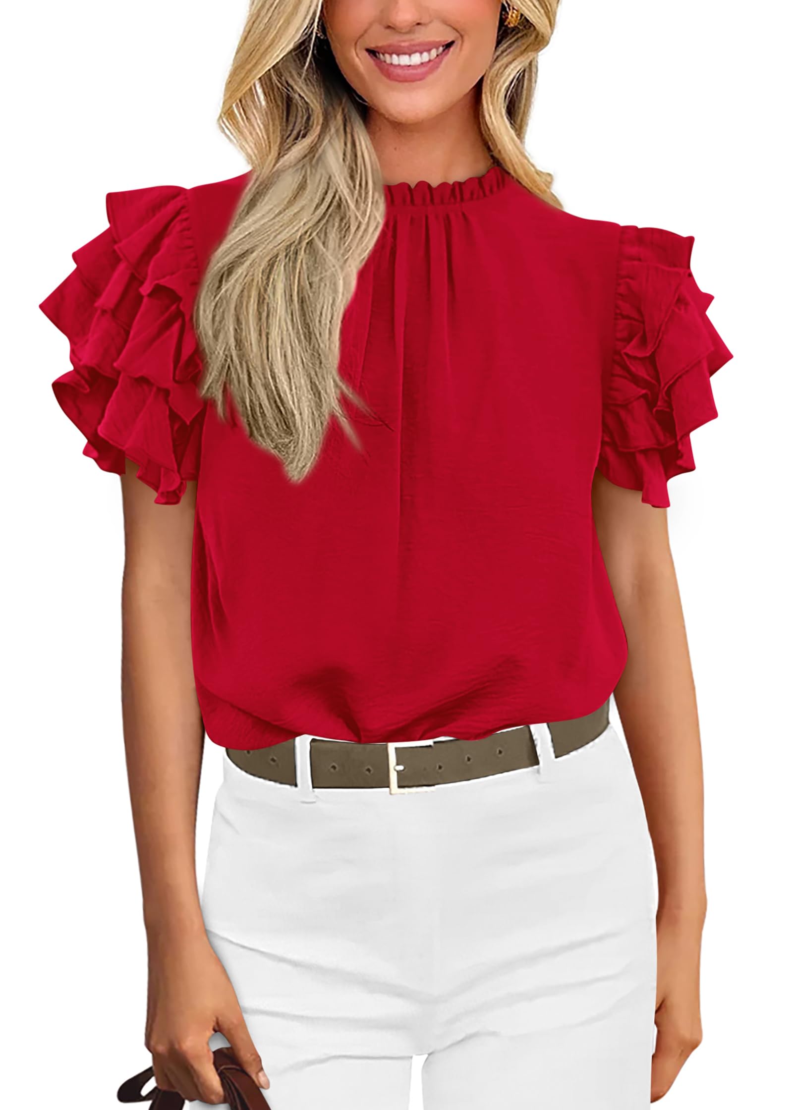 FreshPretty Blouses for Women Dressy Casual Spring Summer Ruffle Short Sleeve Mock Neck Work Shirts Tops Fashion Clothing
