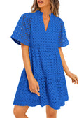 PRETTYGARDEN Eyelet Dresses for Women Summer Short Sleeve V Neck Hollow Out Ruffle A Line Boho Beach Vacation Mini Dress