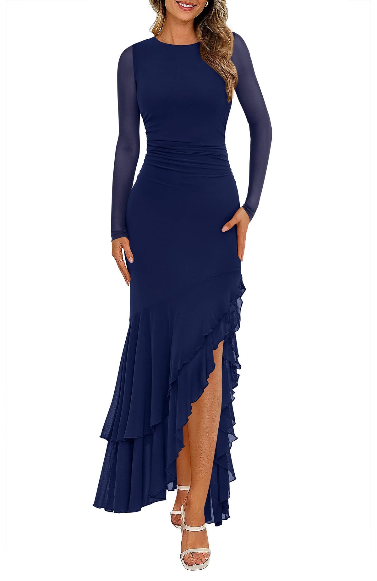 BTFBM Women's Maxi Dresses Fall Long Sleeve Wedding Guest Dress Mesh,Ruched,Bodycon,High Split,Solid Color,Ruffle, Mermaid,Cocktail Dresses,Prom,Party,Homecoming Dress,Fall Outfits