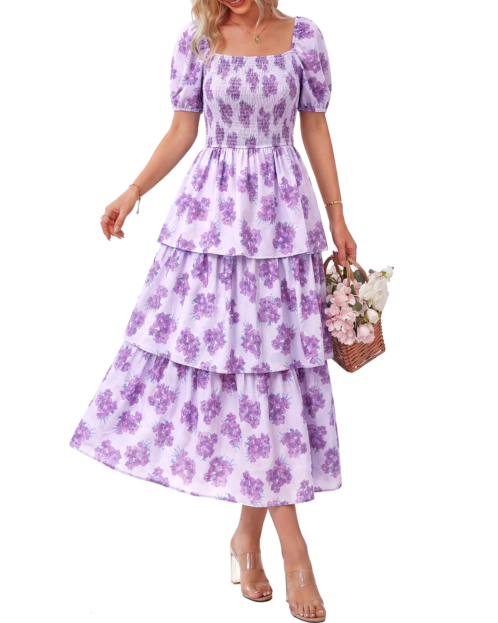 BTFBM Womens Square Neck Smocked Dress Summer Puff Short Sleeve Floral Casual Ruffle Tiered Maxi Wedding Guest Dresses