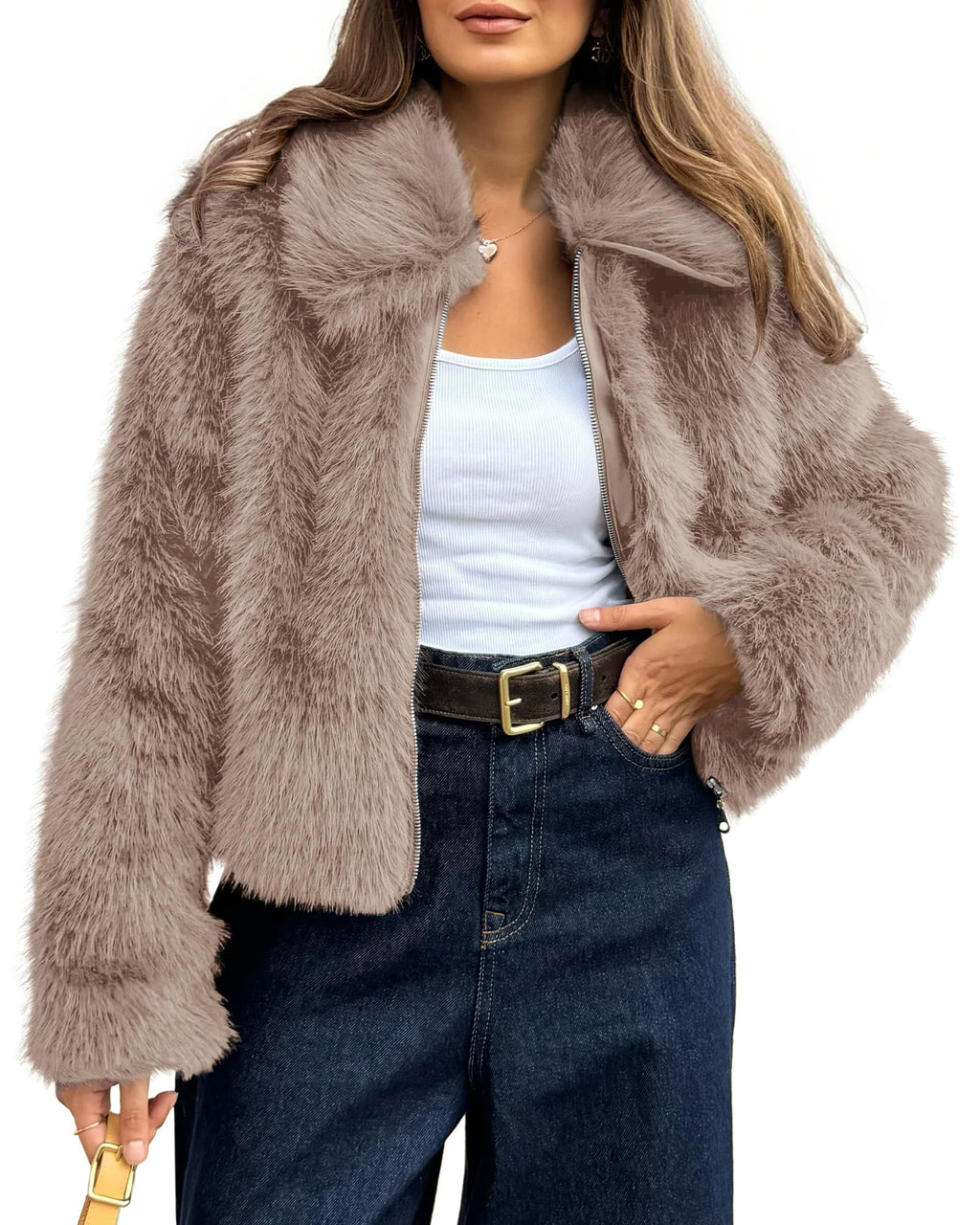 BTFBM Faux Fur Jacket Women Fluffy Winter Cropped Coats Zip Up Fuzzy Jackets Long Sleeve Furry Coat Fall Clothes