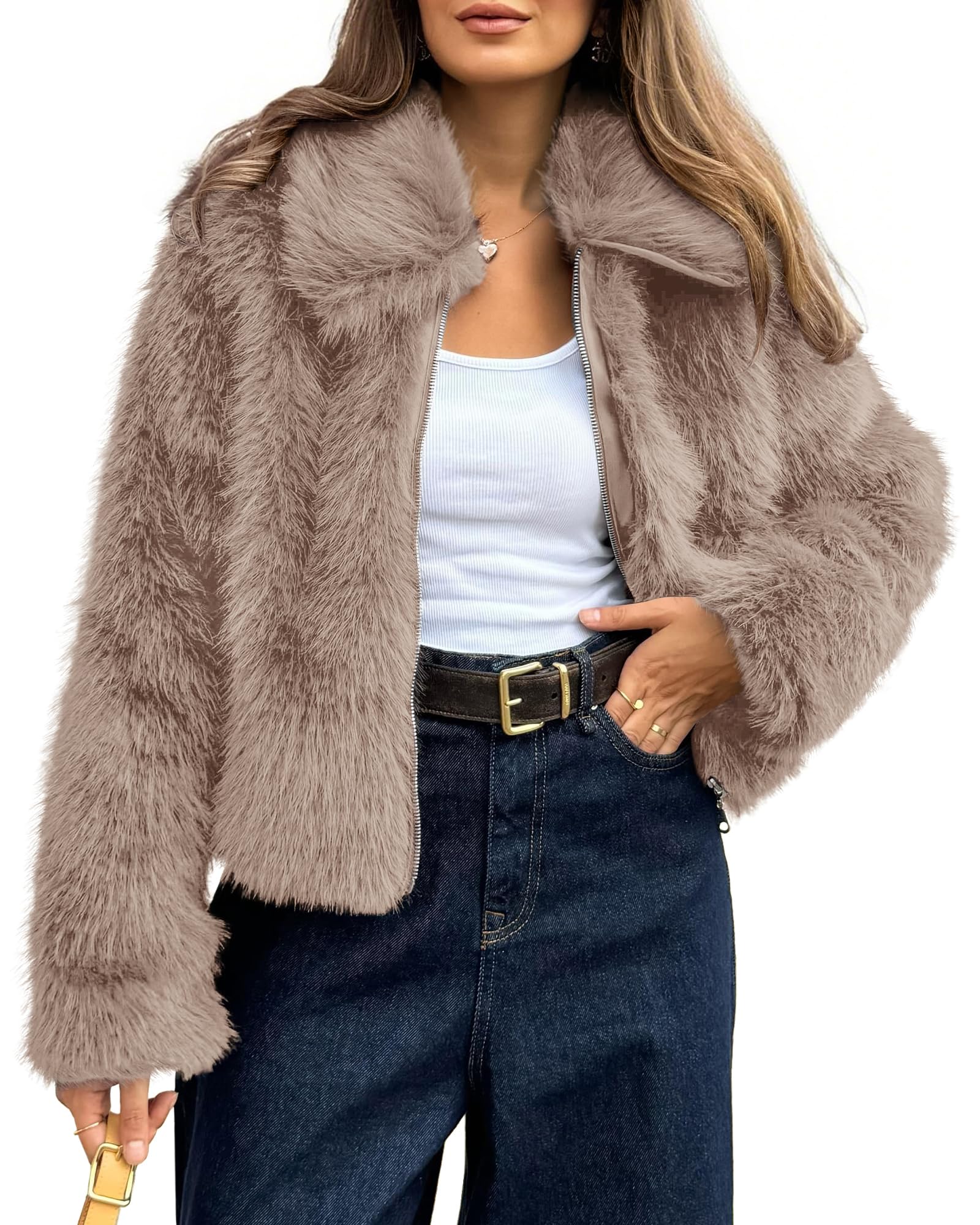 BTFBM Faux Fur Jacket Women Fluffy Winter Cropped Coats Zip Up Fuzzy Jackets Long Sleeve Furry Coat Fall Clothes