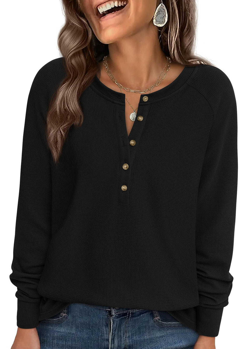 PRETTYGARDEN Women's Long Sleeve Waffle Knit Shirts Fall Casual Button Up Henley V Neck Tunic Tops Loose Fit Basic Tees