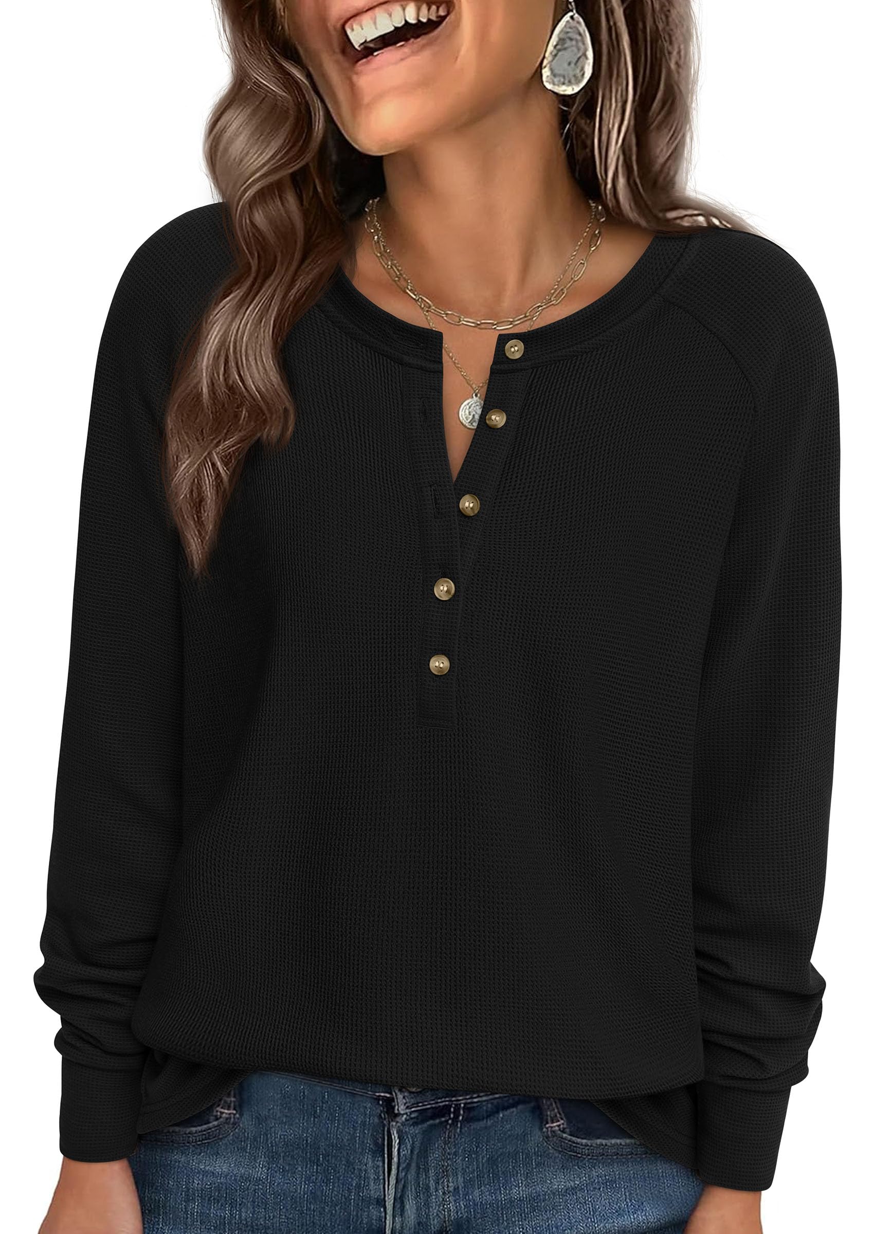 PRETTYGARDEN Women's Long Sleeve Waffle Knit Shirts Fall Casual Button Up Henley V Neck Tunic Tops Loose Fit Basic Tees