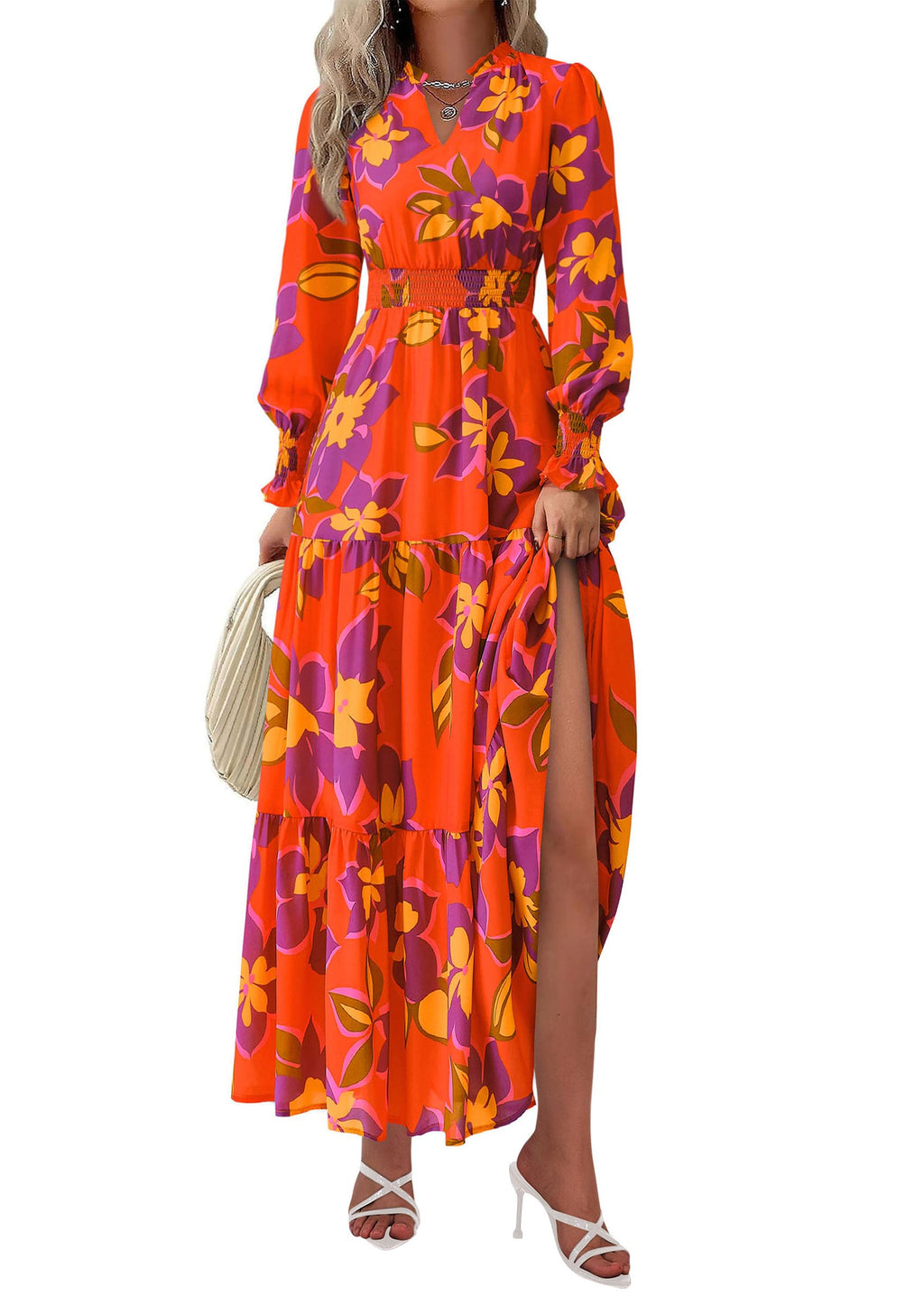 PRETTYGARDEN Women's Floral Maxi Dress Fall Long Sleeve V Neck Casual A Line Long Flowy Boho Party Dresses