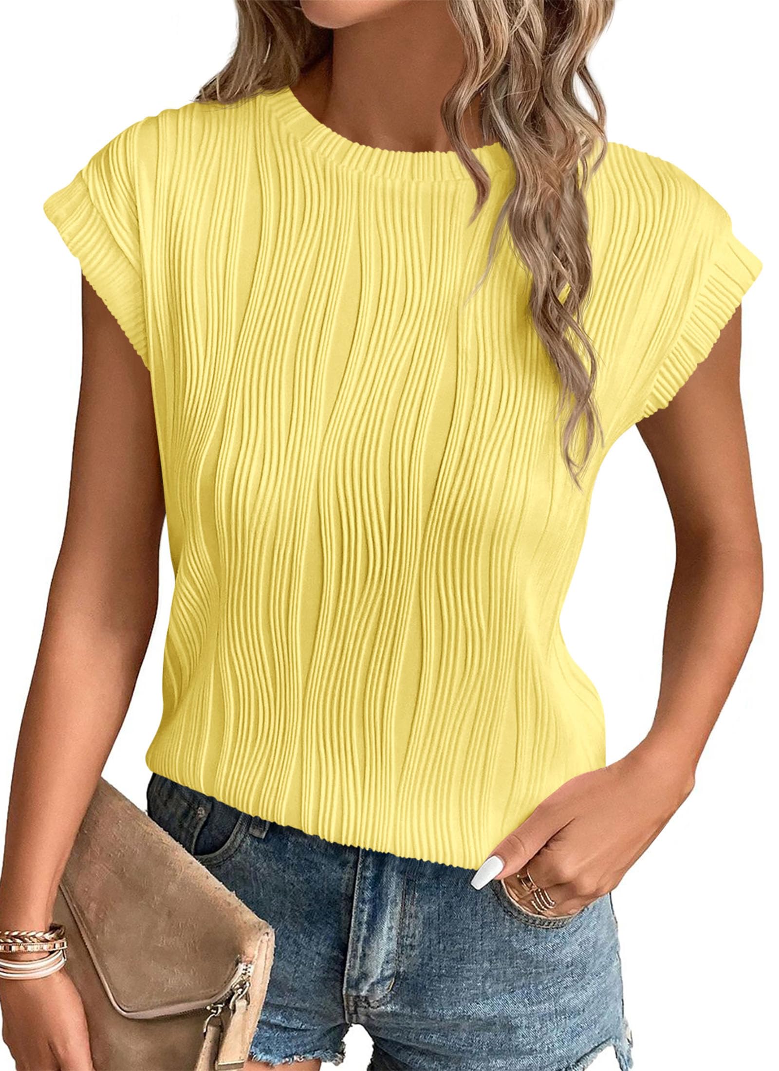 PRETTYGARDEN Blouses for Women Dressy Casual Spring Summer Business Office Tops Cap Sleeve Textured Cute Work Shirt