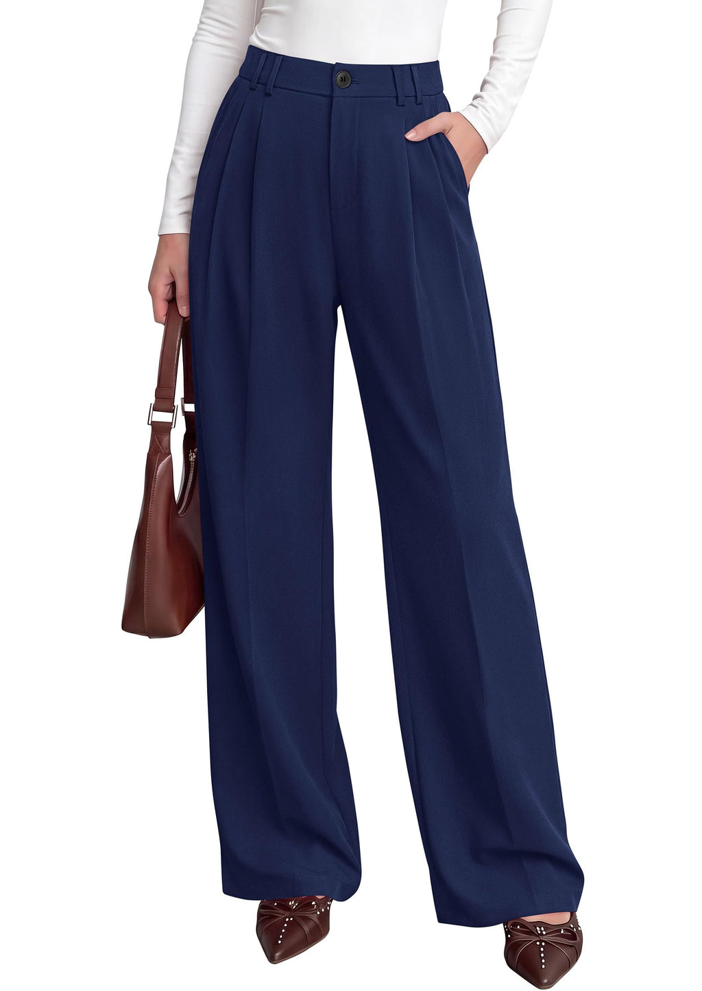 PRETTYGARDEN Women's Dress Pants Wide Leg Flowy Trousers High Waisted Palazzo Pants, Pleated Front, Side Pockets, Work Office Wear, Business Casual Outfits, Fall Fashion Clothing