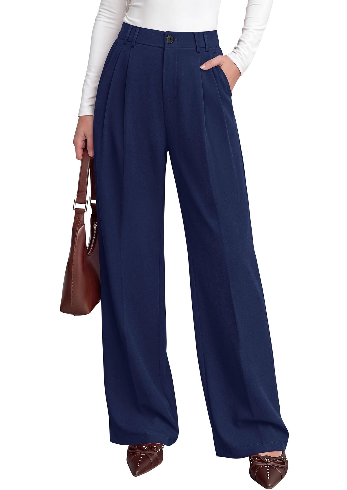 PRETTYGARDEN Women's Dress Pants Wide Leg Flowy Trousers High Waisted Palazzo Pants, Pleated Front, Side Pockets, Work Office Wear, Business Casual Outfits, Fall Fashion Clothing