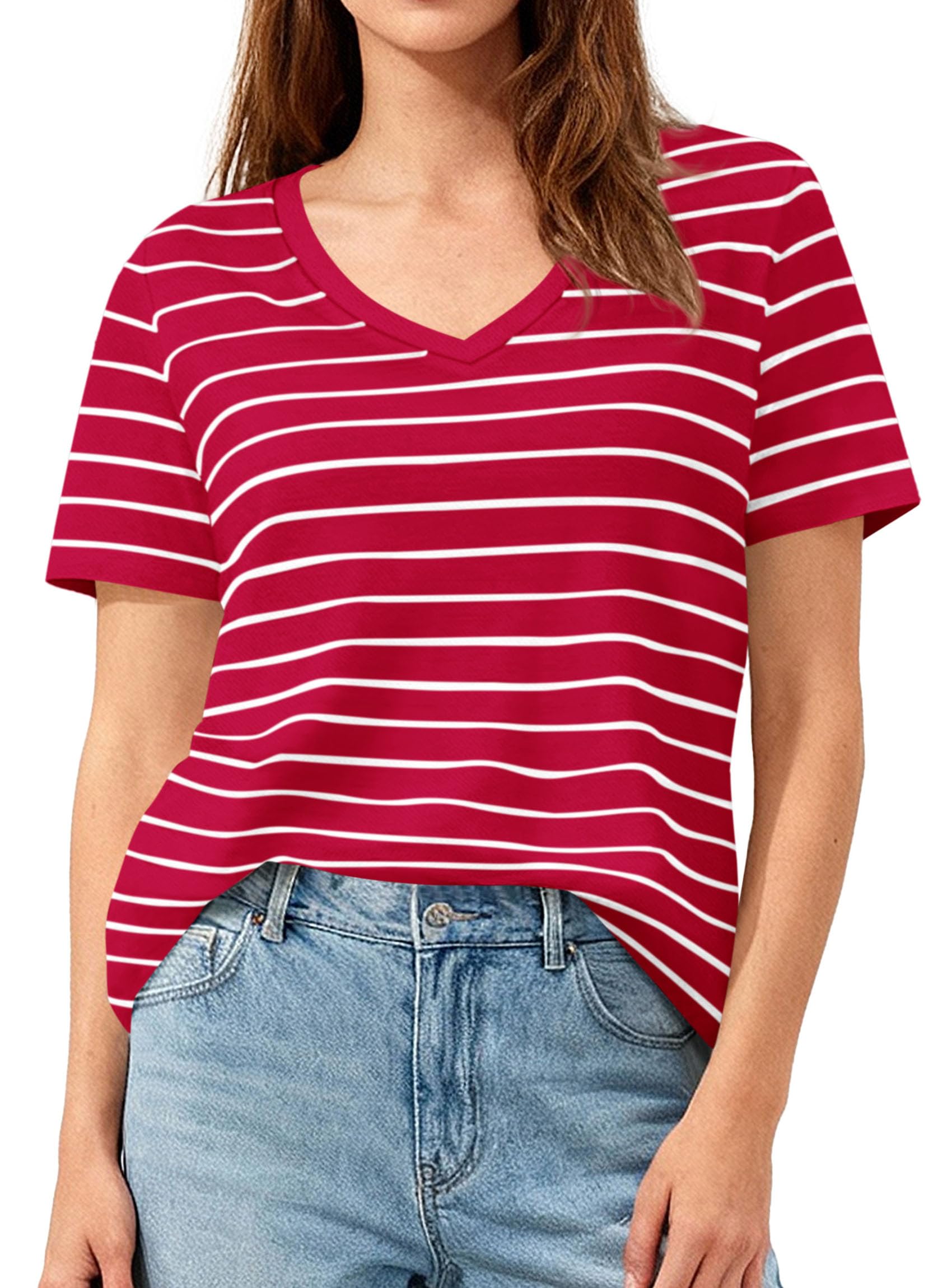 PRETTYGARDEN Short Sleeve Shirts for Women Spring V Neck Cute Tops Casual Striped Shirt Knitted Tees Summer Outfits