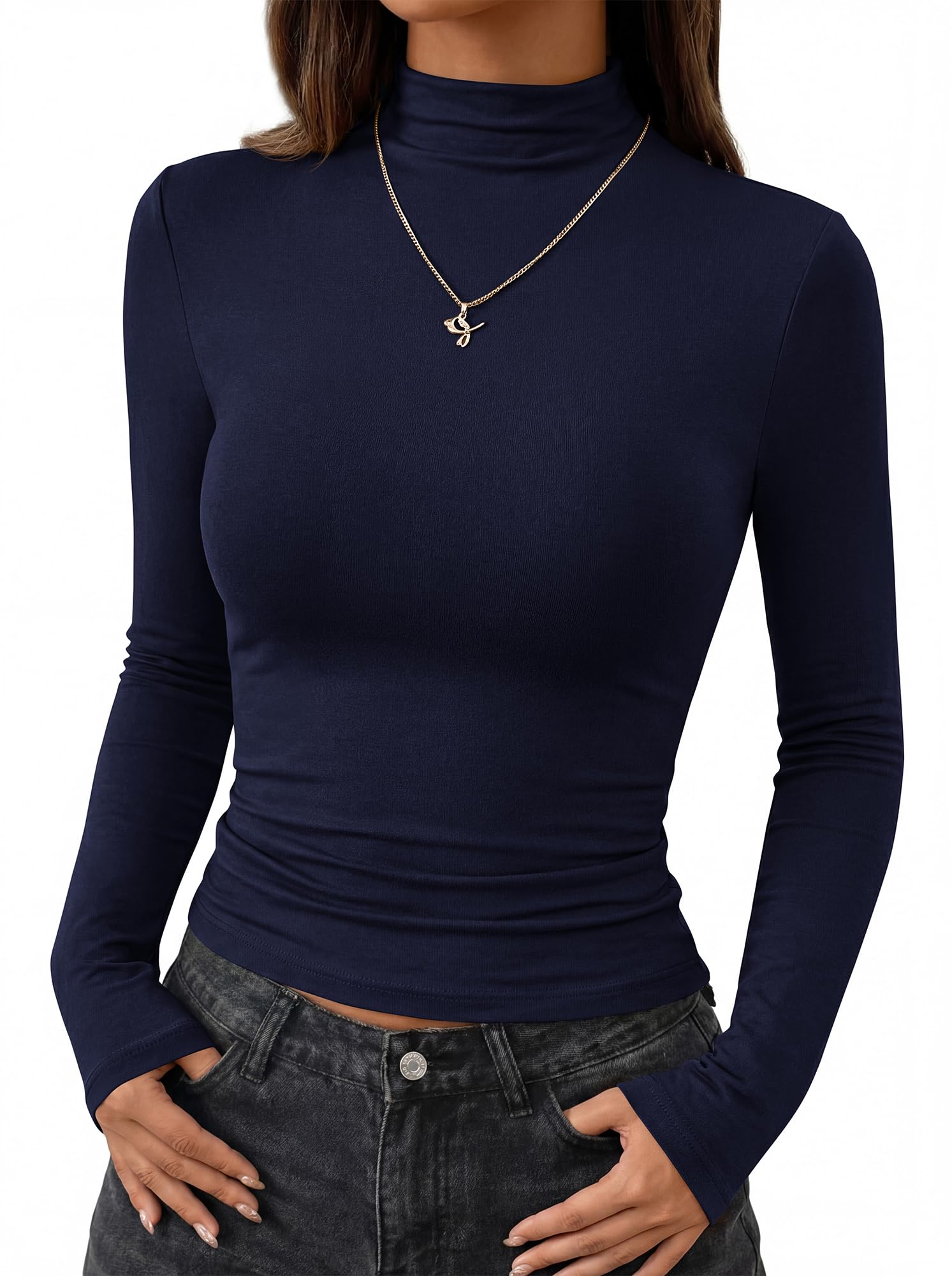 BTFBM Mock Tops for Women Fitted Long Sleeve Shirts Fall Fashion Clothing Thermal Layering Undershirts Going Out Outfits