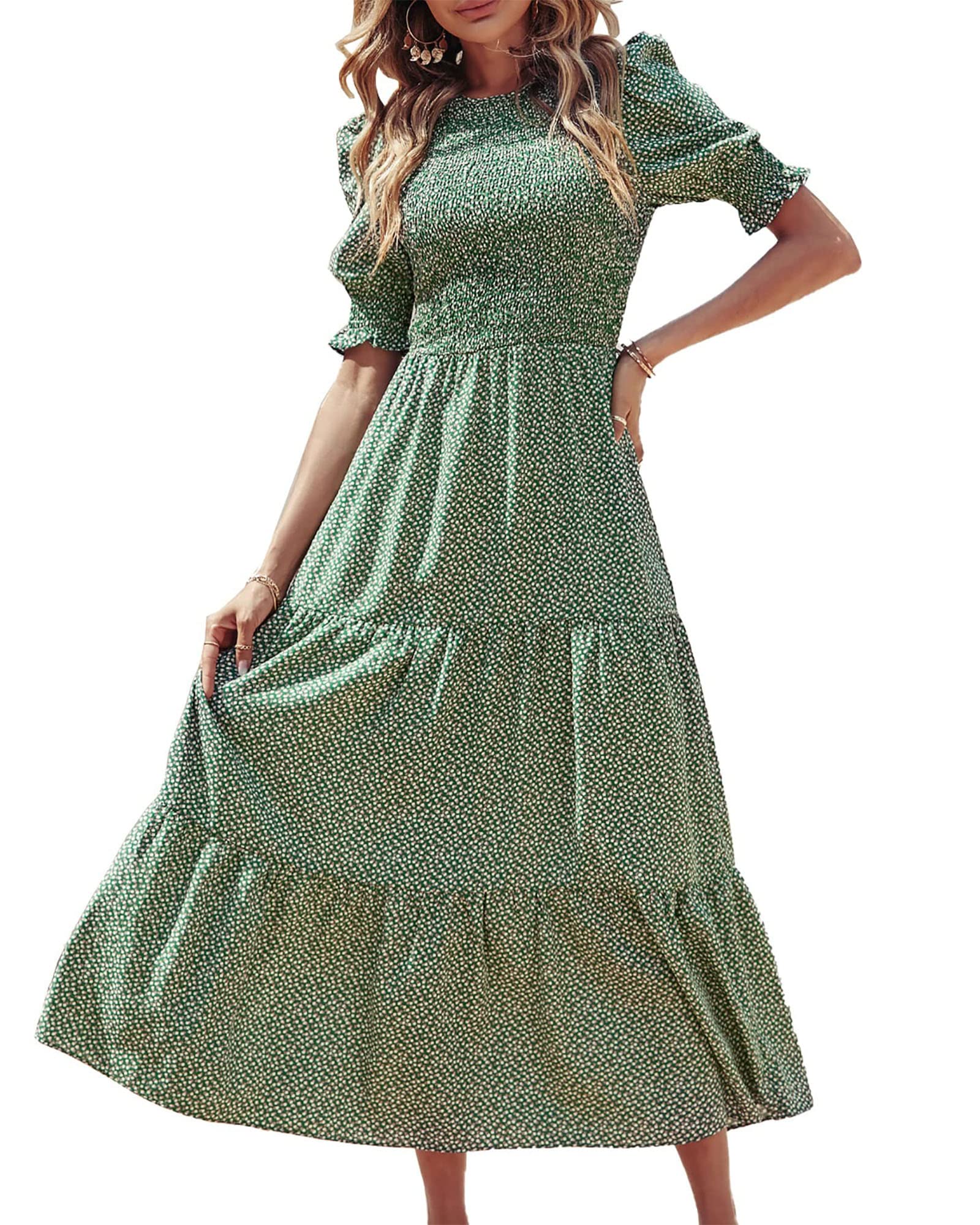 FreshPretty Women Casual Summer Dresses Spring Crew Neck Ruffle Short Sleeve Floral Print Smocked Boho Flowy Maxi Dress