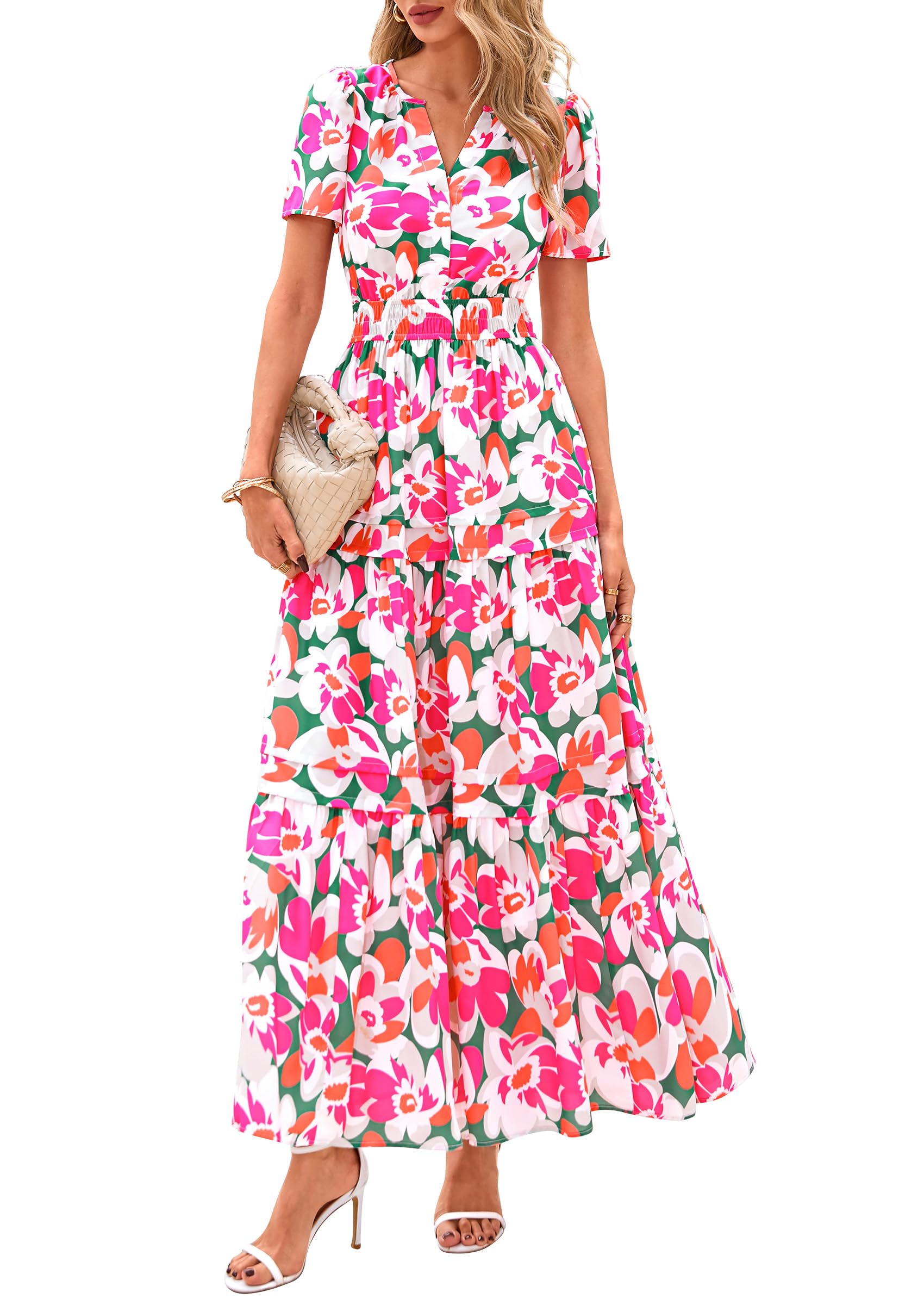 PRETTYGARDEN Summer Maxi Dresses for Women  Casual V Neck Puff Short Sleeve Smocked Flowy Beach Boho Long Floral Dress