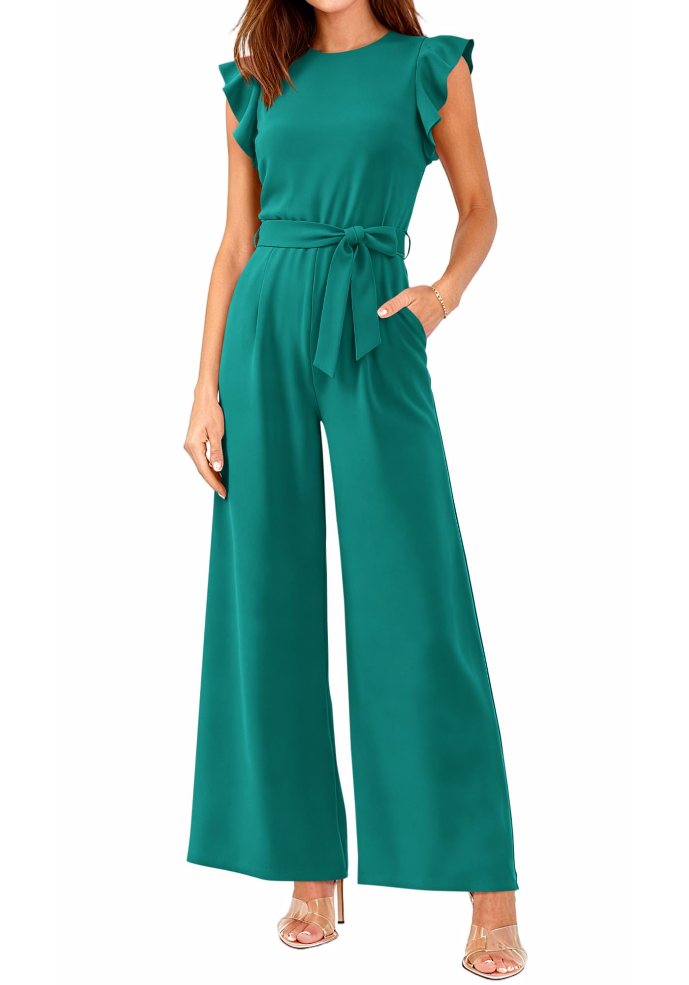 BTFBM Jumpsuits For Women Crew Neck Dressy Cap Sleeve Belted High Waist Wide Leg Romper One Piece Casual Outfits Pockets
