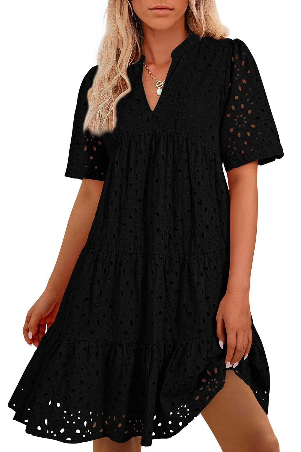 BTFBM Womens Boho Summer Dresses Spring V Neck Short Sleeve Hollow Out Lace Ruffle Casual Beach Mini Vacation Dress