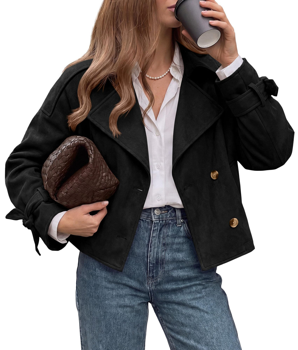 PRETTYGARDEN Women Faux Suede Double Breasted Trench Coat Cropped Jackets Raglan Long Sleeve,Lapel,Tie Cuff,Button Down,Fall Fashion Outerwear,Winter Clothes,Work Office Casual Short Jacket