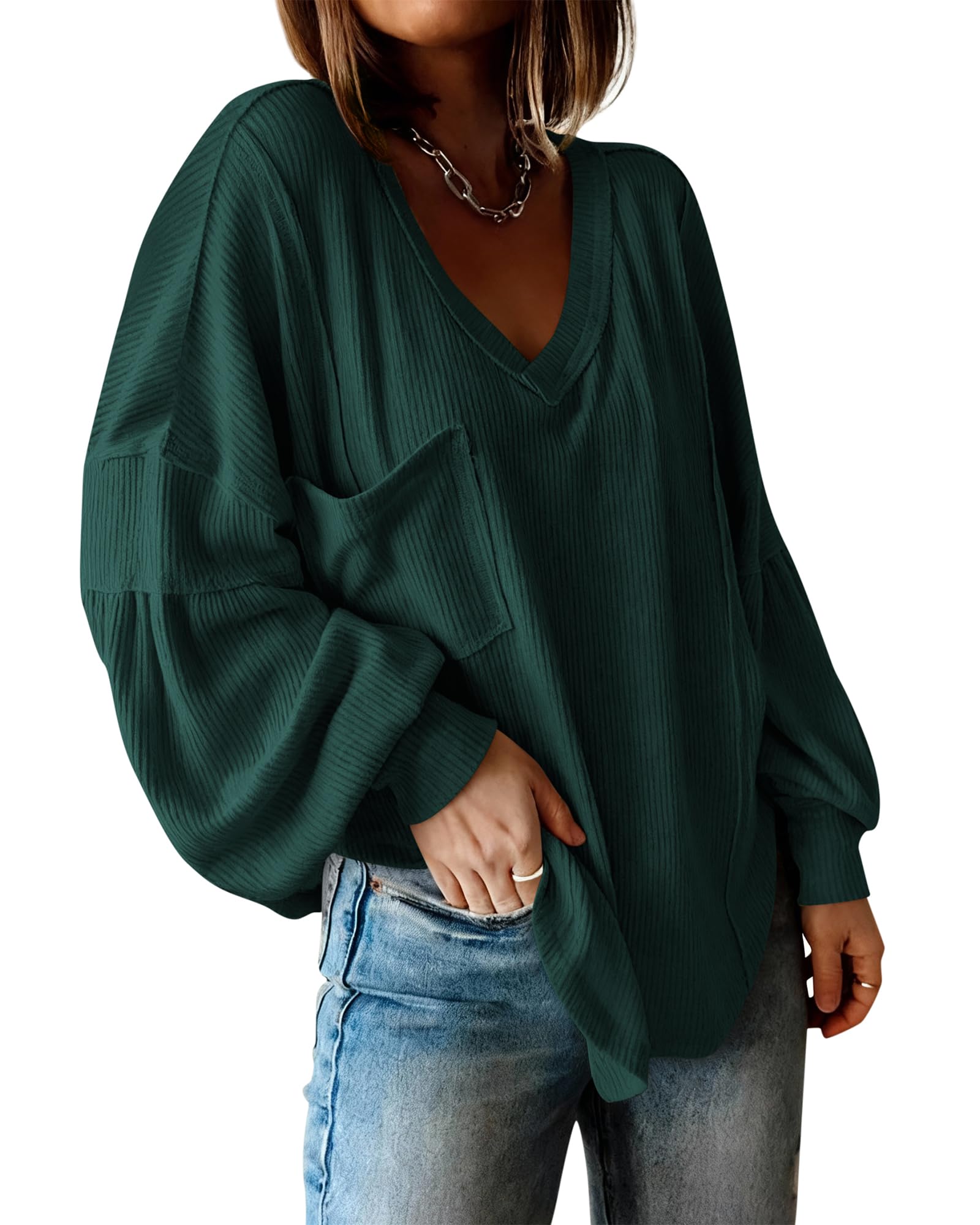 BTFBM Womens Fall Fashion Long Sleeve Shirts Casual V Neck Ribbed Knit Blouses Pullover Trendy Loose Fit Tunic Tops