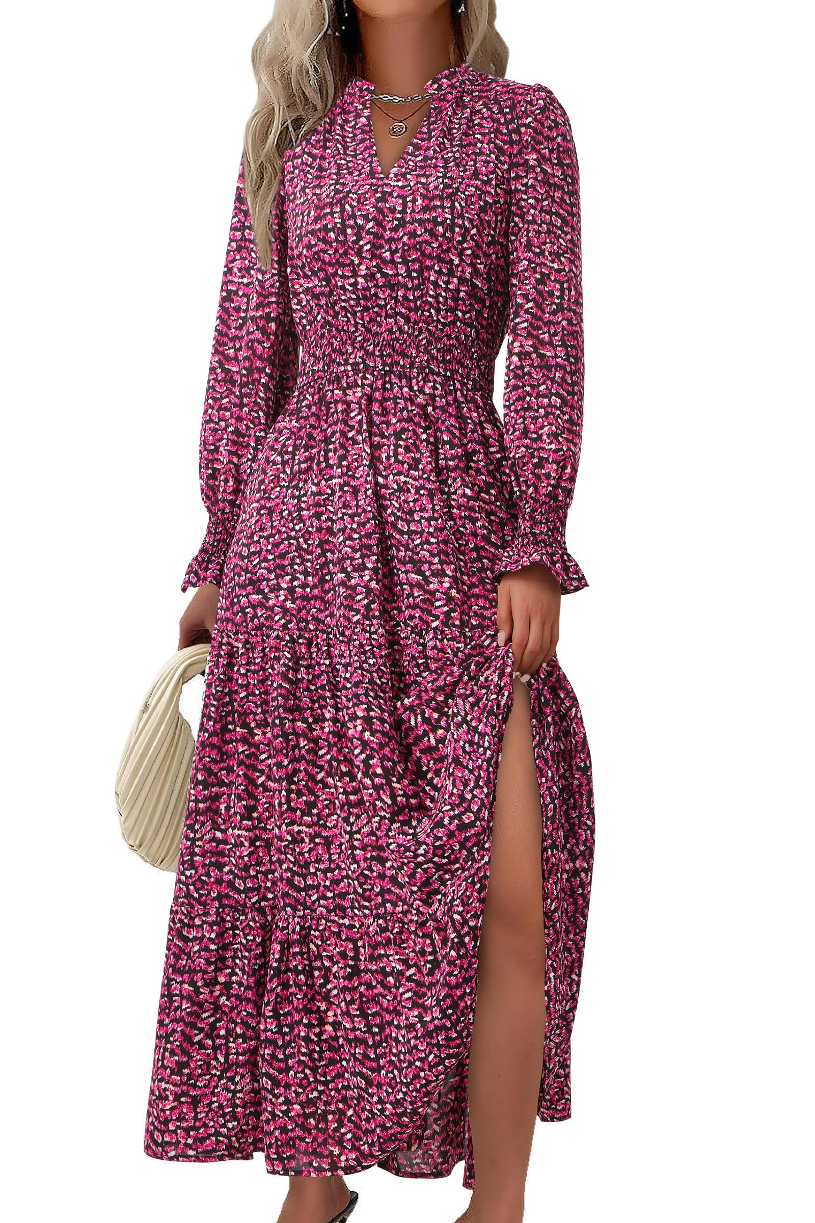 PRETTYGARDEN Women's Floral Maxi Dress Fall Long Sleeve V Neck Casual A Line Long Flowy Boho Party Dresses