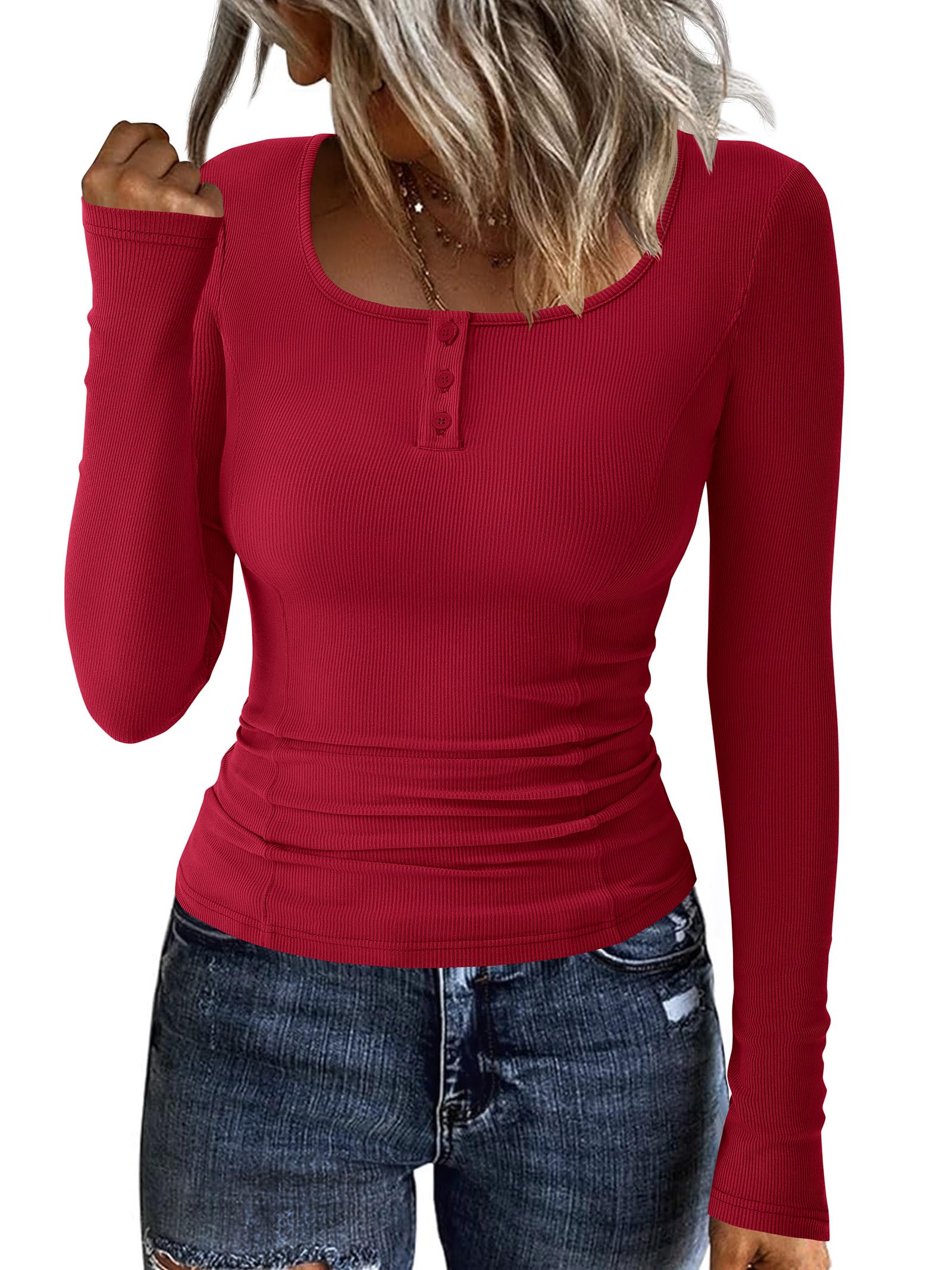 FreshPretty Womens Long Sleeve Tops Casual Ribbed Knit Henley Button Down Shirts Slim Fit Workout Basic Tees Fashion Clothing