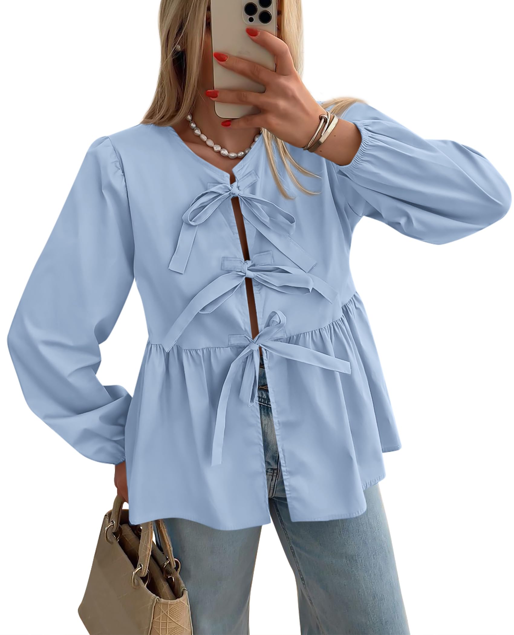 PRETTYGARDEN Women's Spring Fall Babydoll Peplum Blouse Shirt Puff Long Sleeve Bow Tie Front Trendy Cute Y2K Going Out Tops