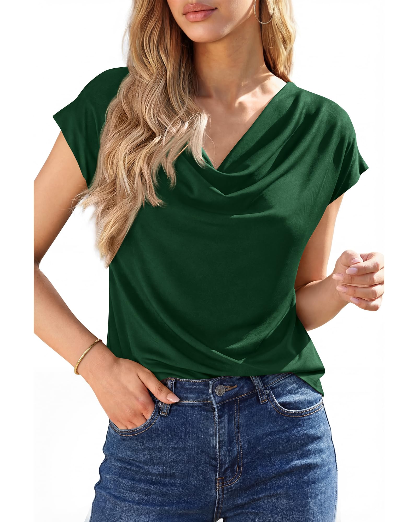 FreshPretty Blouses for Women Dressy Casual Spring Summer Tops Cowl Neck Short Sleeve Shirts Work Office Business Outfits