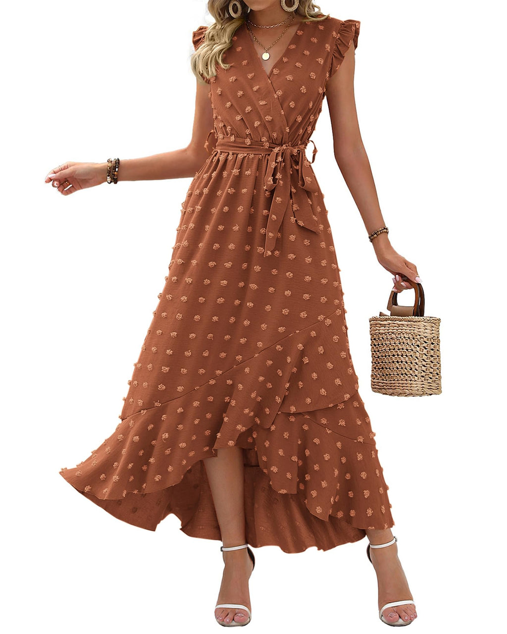 BTFBM Boho Dresses for Women Spring Fashion Cap Sleeve Swiss Dot Flowy Ruffle Beach Wedding Cocktail Maxi Dress