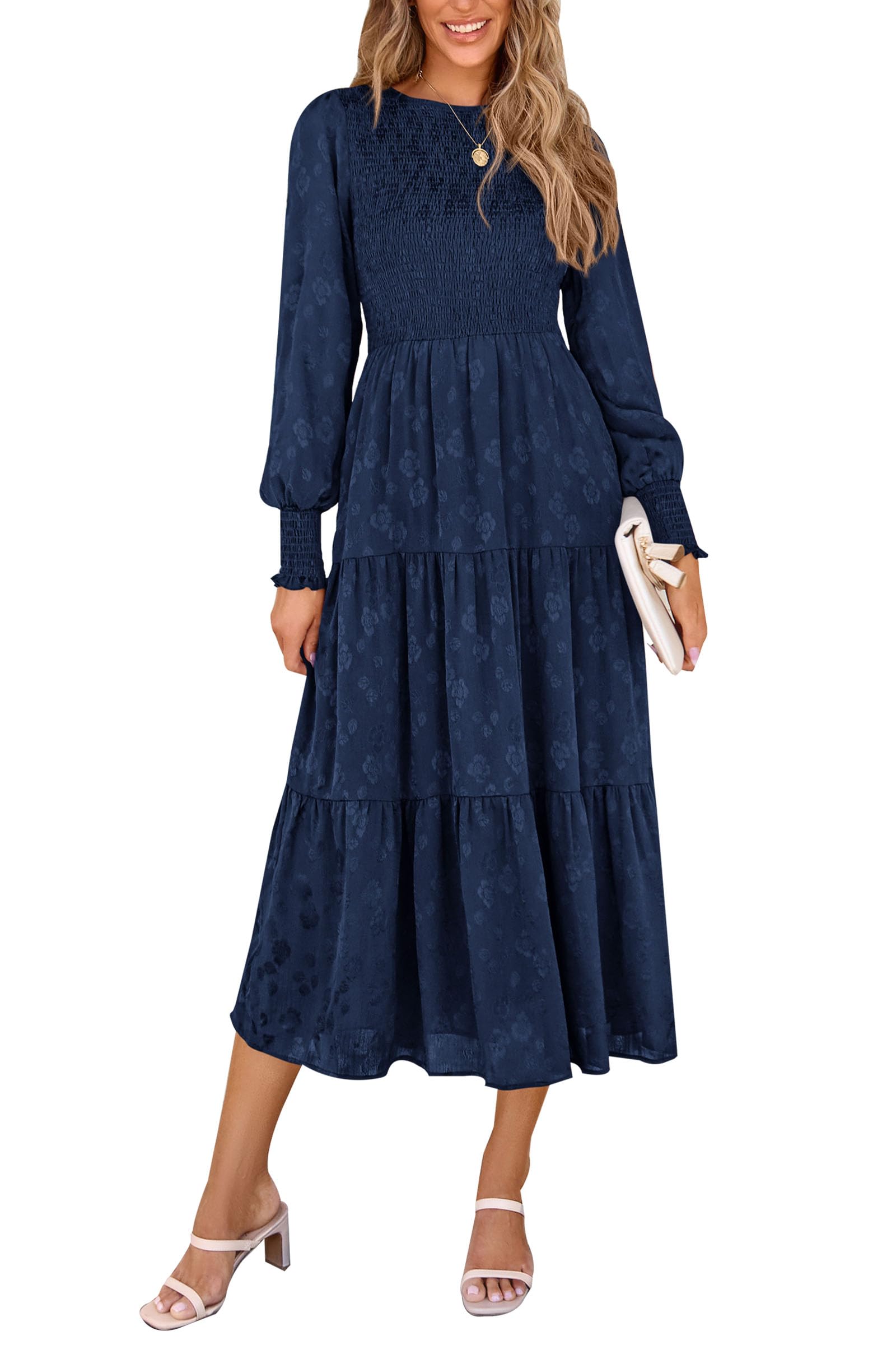 PRETTYGARDEN Women's Fall Spring Midi Dress Long Sleeve Floral Smocked Elegant Wedding Guest Long Flowy Dresses with Pockets