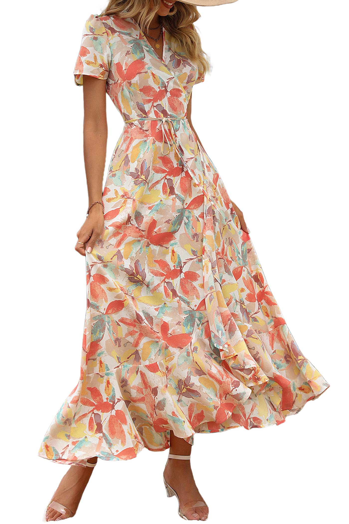 PRETTYGARDEN Women's Summer Maxi Dress Casual Wrap Floral Boho Short Sleeve V Neck Split Ruffle Beach Long Dresses