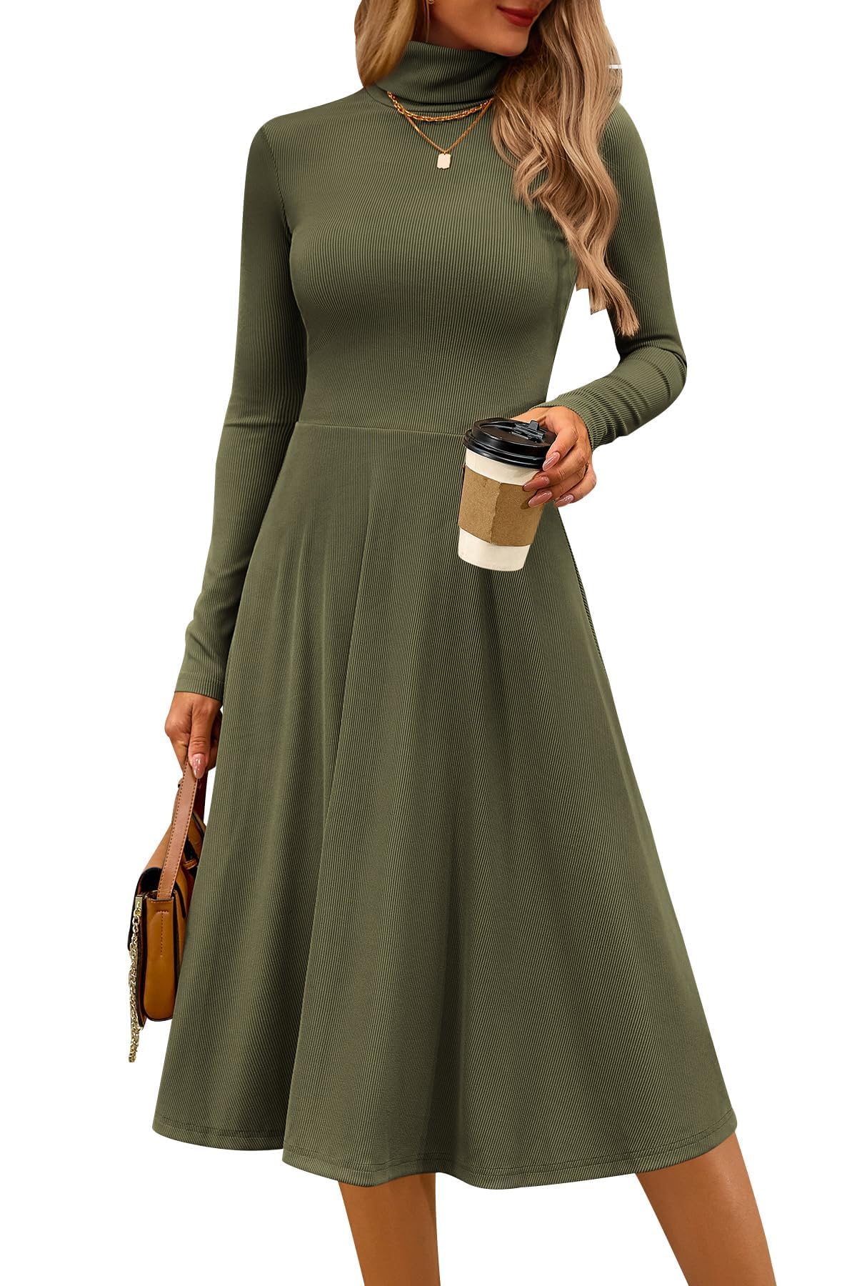FreshPretty Womens Long Sleeve Turtleneck Dress Midi A Line Fall Dresses,High Neck Dress,Fit and Flare Work Dresses,Lightweight Knit,Flowy Winter Dresses Wedding Guest,Cocktail,Church,Casual