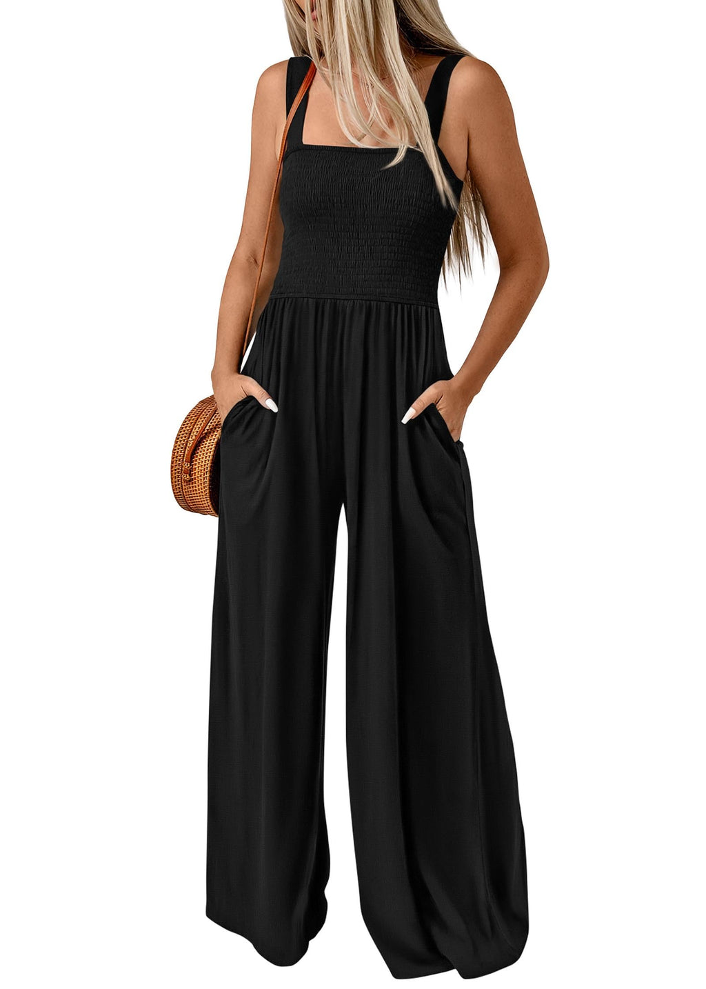 FreshPretty Womens Jumpsuit Summer Casual Loose One Piece Overalls Smocked Sleeveless Wide Leg Rompers With Pockets