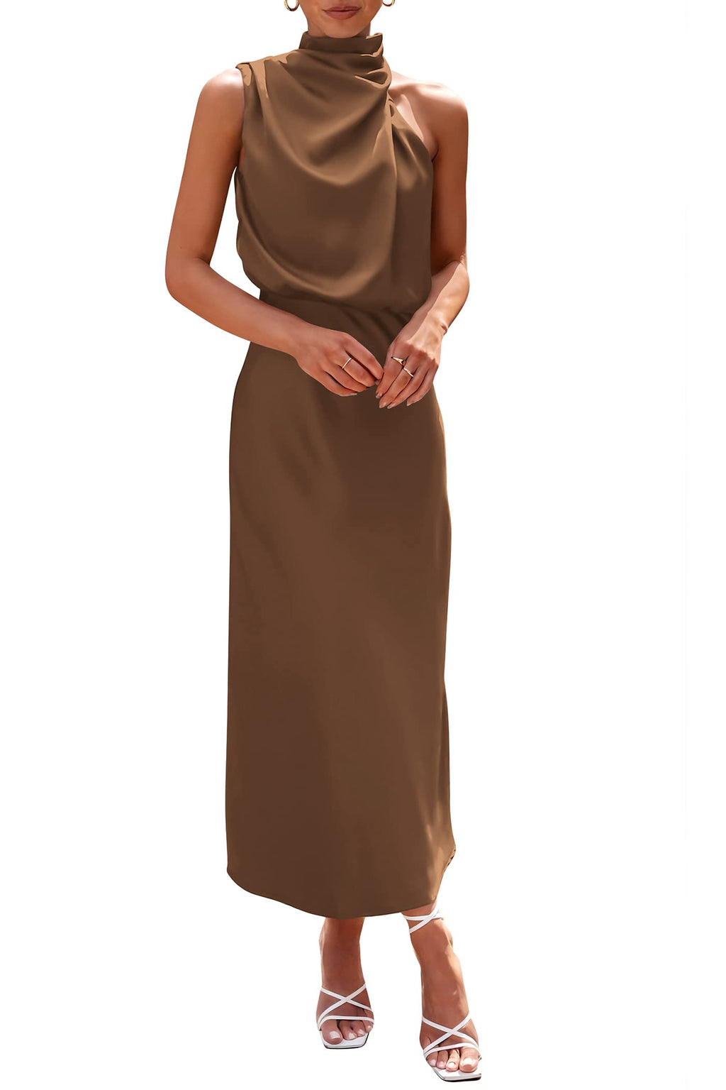 PRETTYGARDEN Women's Summer Satin Dress Elegant Sleeveless Mock Neck Cocktail Party Maxi Dresses