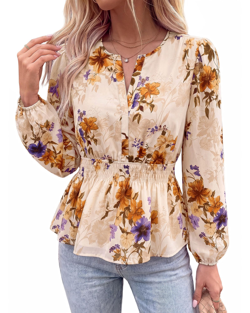 BTFBM Womens Tops Dressy Casual Floral V Neck Long Sleeve Chiffon Shirts | Chiffon Lantern Sleeve Flowy Peplum Sheer Top,Elastic Waist Babydoll Blouses,Boho Vacation Outfits,Fall Fashion Clothing