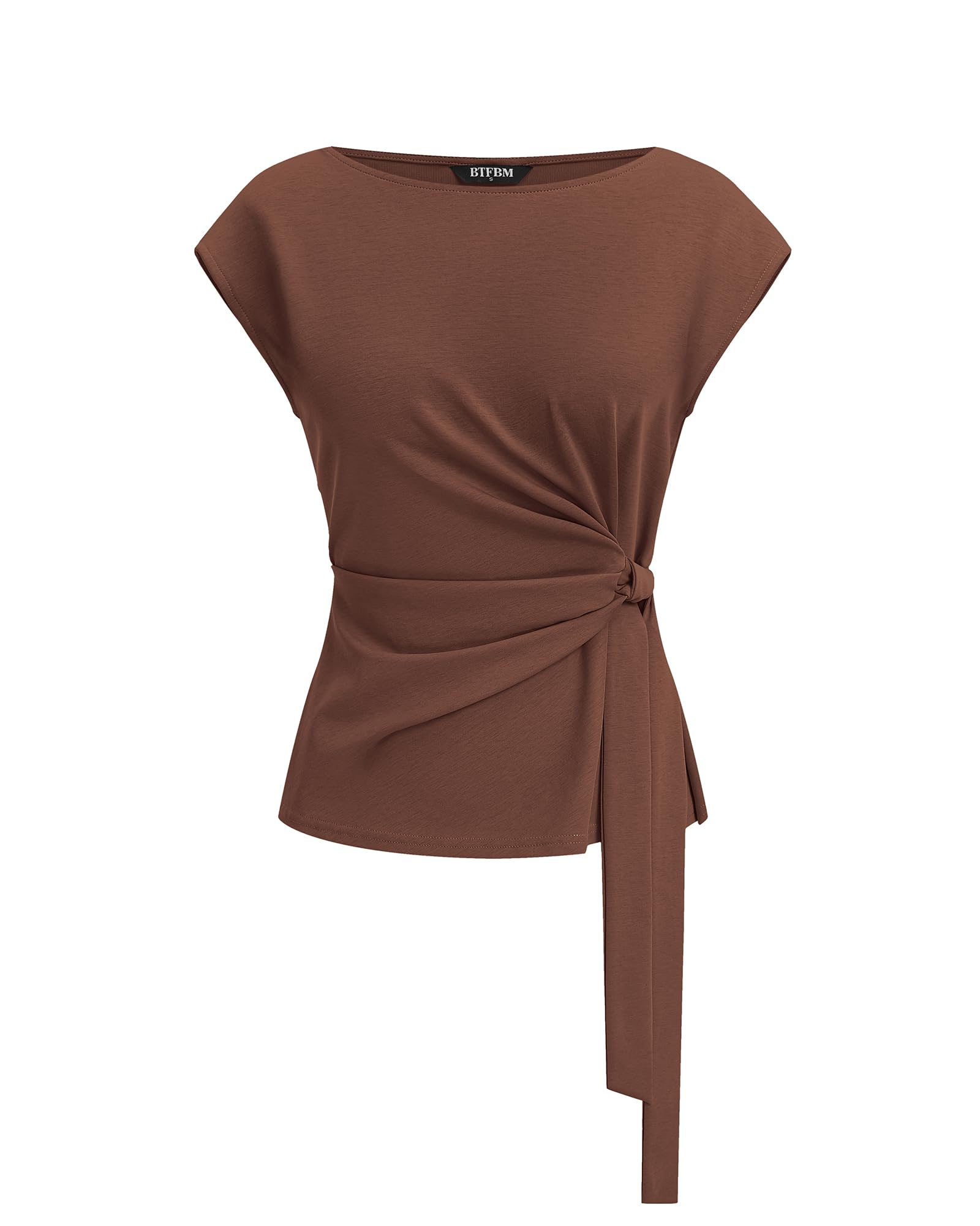 BTFBM Womens Tops Summer Cap Sleeve Crew Neck Tie Waist Blouses Dressy Casual Business Work Clothes Spring Fashion