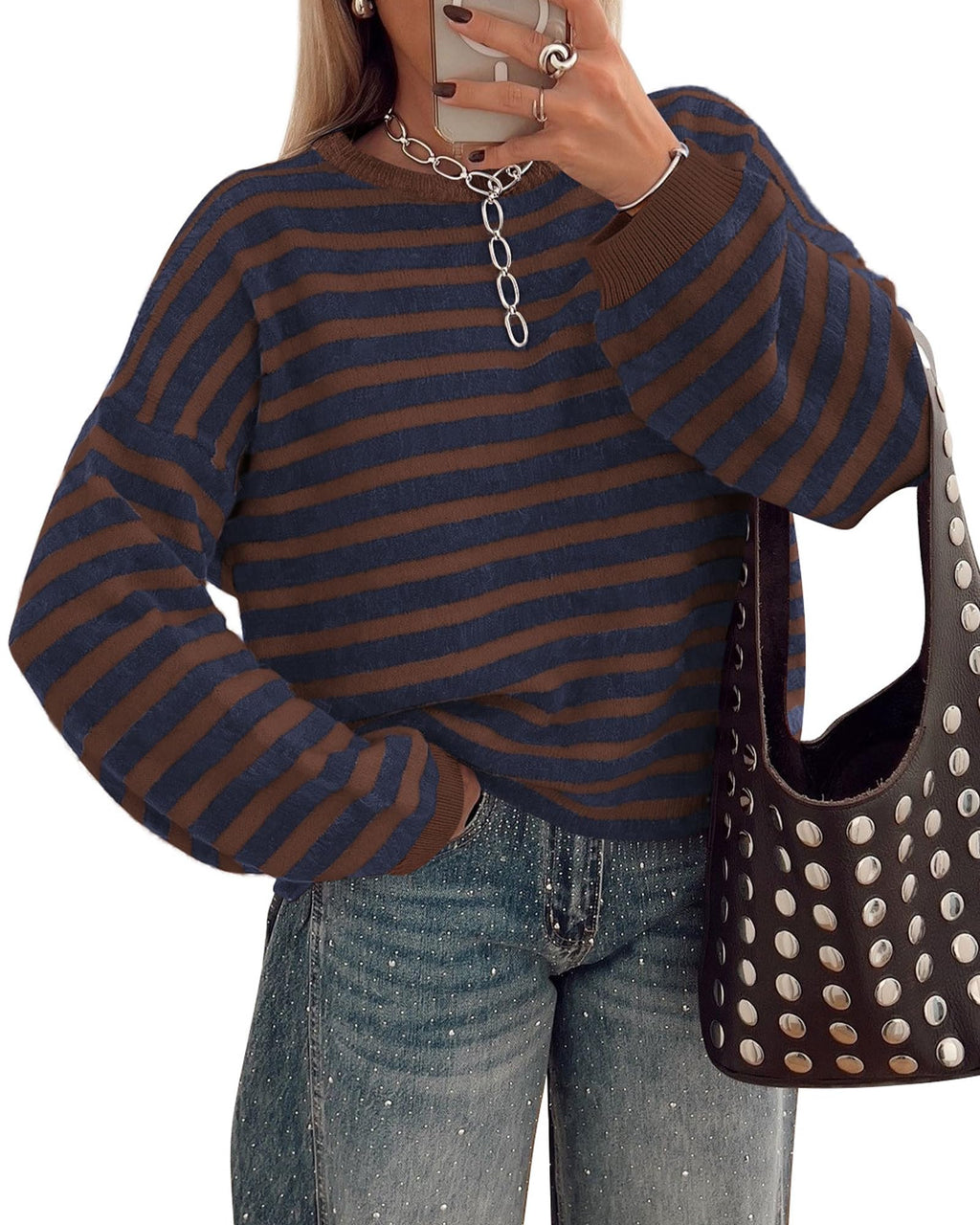BTFBM Women's Lightweight Oversized Striped Sweater | Soft Knit Cozy Sweaters, Crew Neck Long Sleeve Pullover, y2k Color Block, Casual Holiday Outfits, Winter Fall Clothes