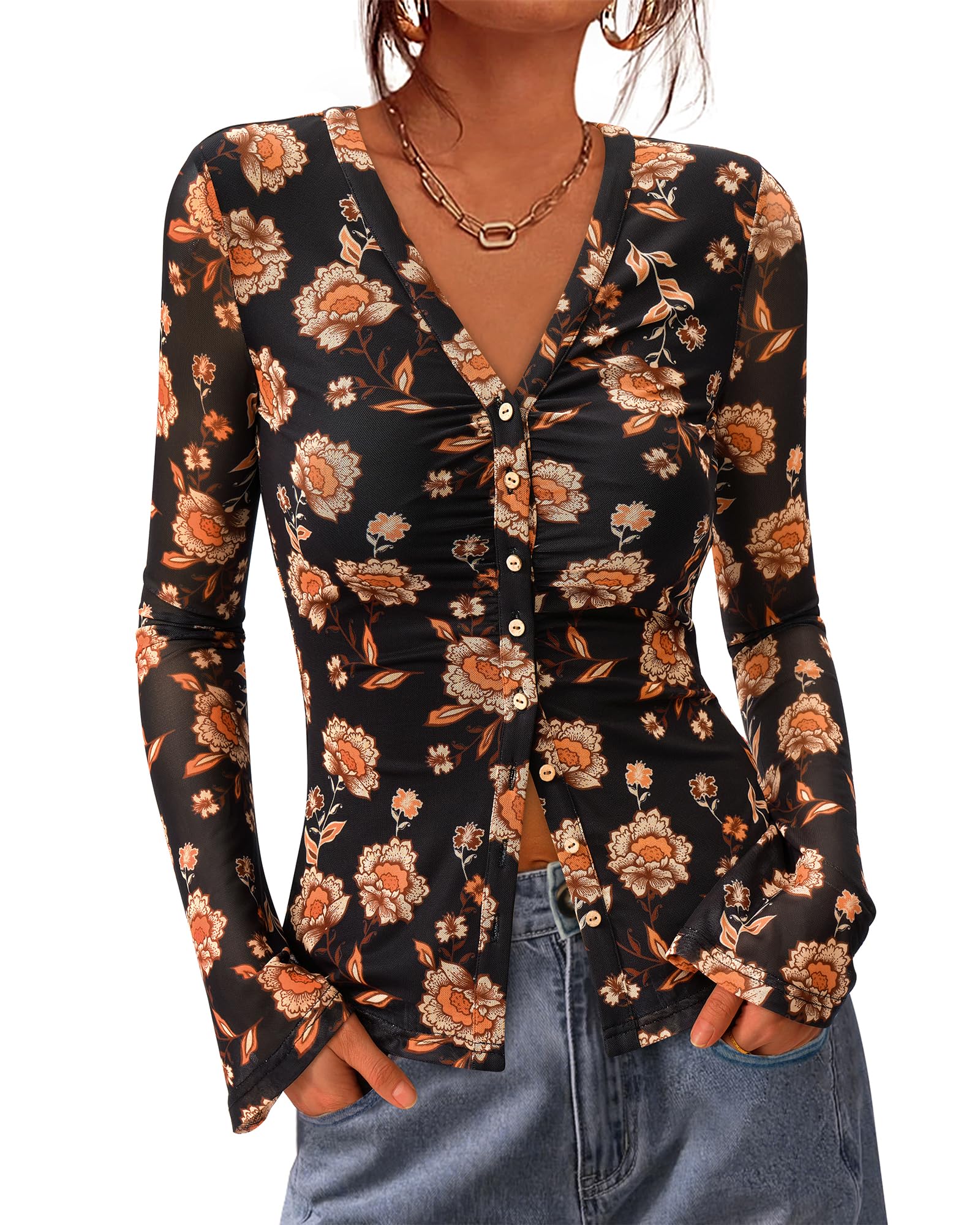 BTFBM Button Down Shirts for Women Spring Boho Tops V Neck Long Sleeve Blouses Ruched Mesh Fitted Fall Fashion
