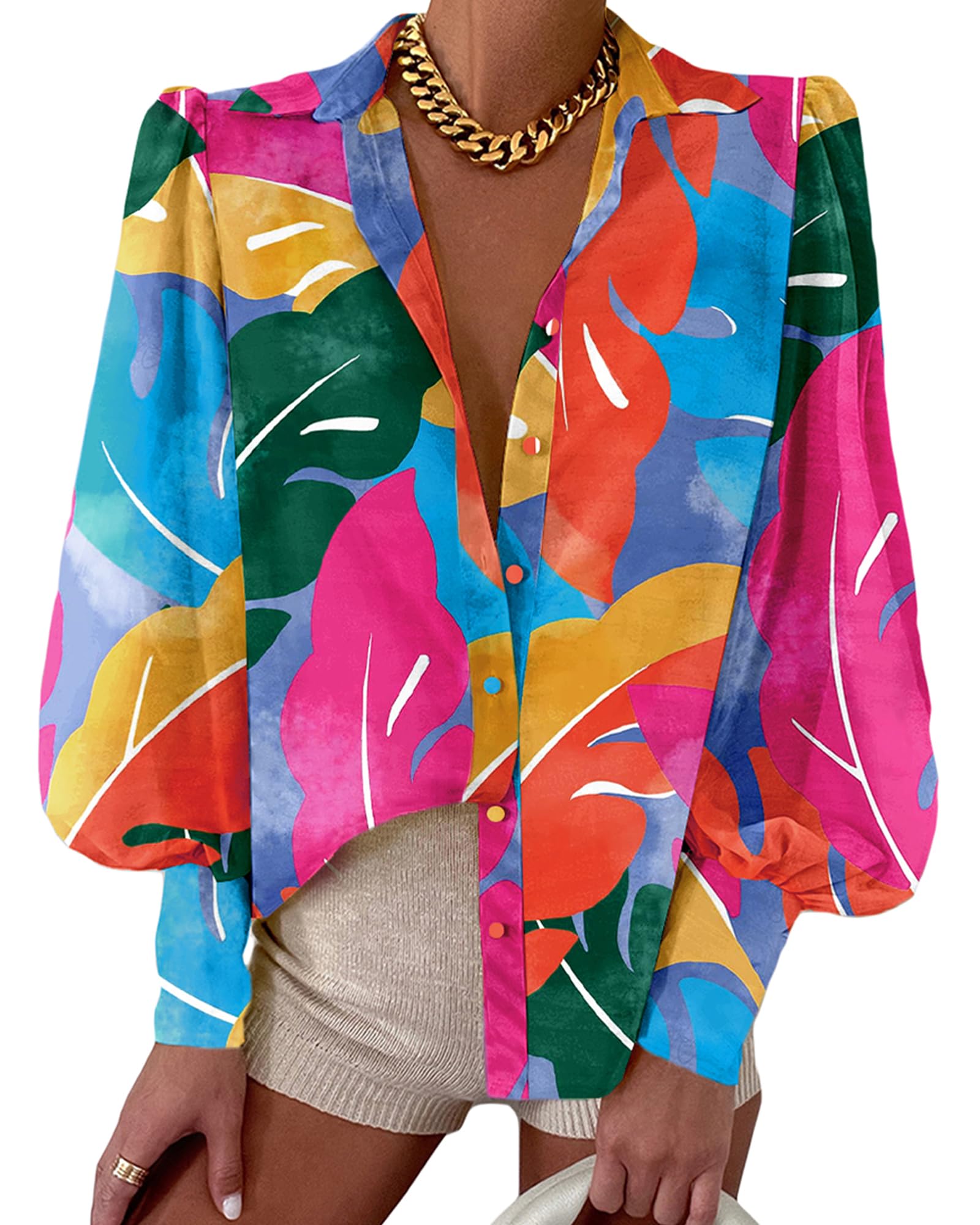 BTFBM Women Fashion Button Down Shirts V Neck Boho Printed Long Sleeve Blouses Dressy Casual Spring Fall Tops