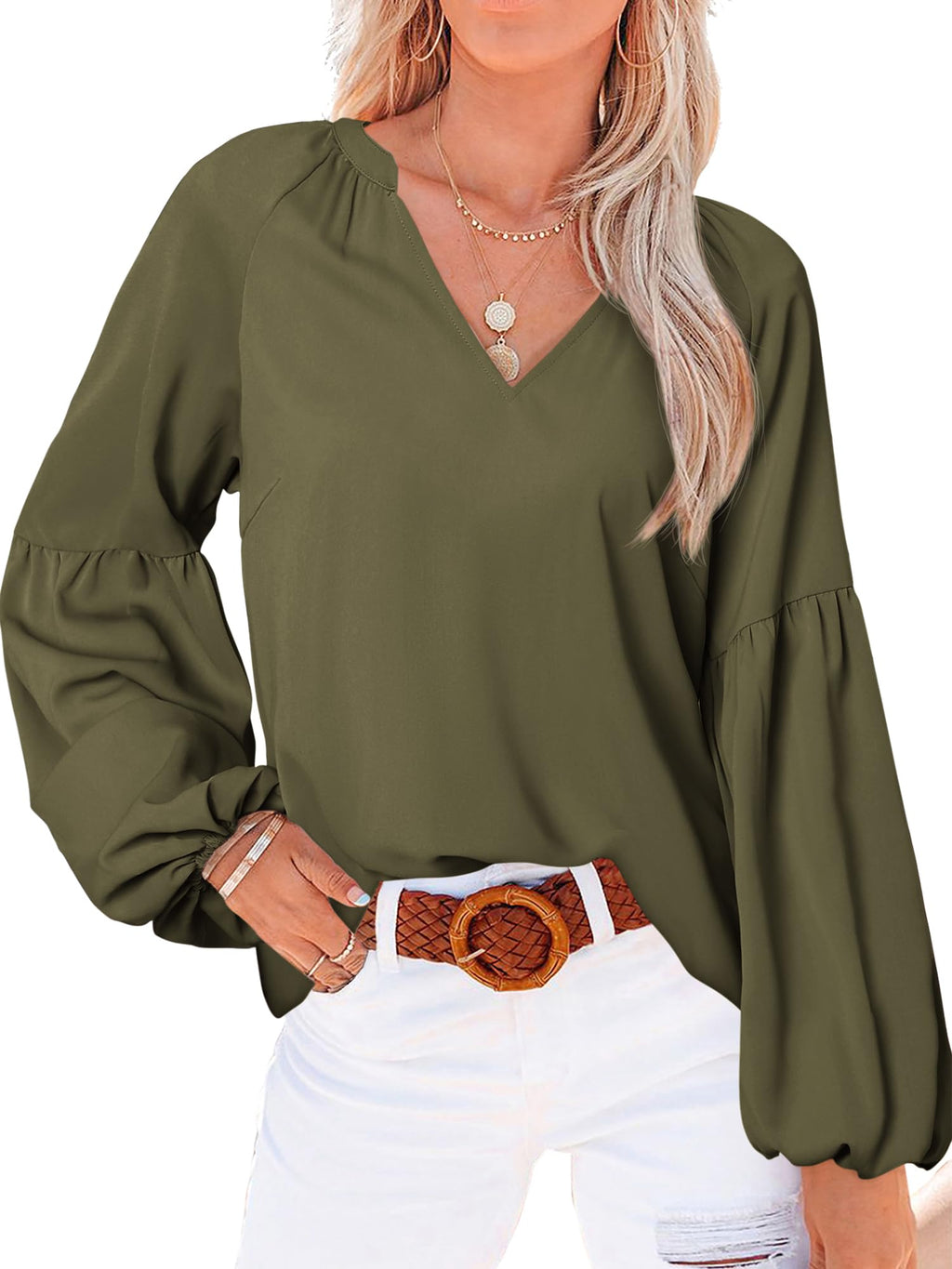 BTFBM Blouses for Women Dressy Casual Boho Tops V Neck Lightweight Long Sleeve Shirts Spring Clothes