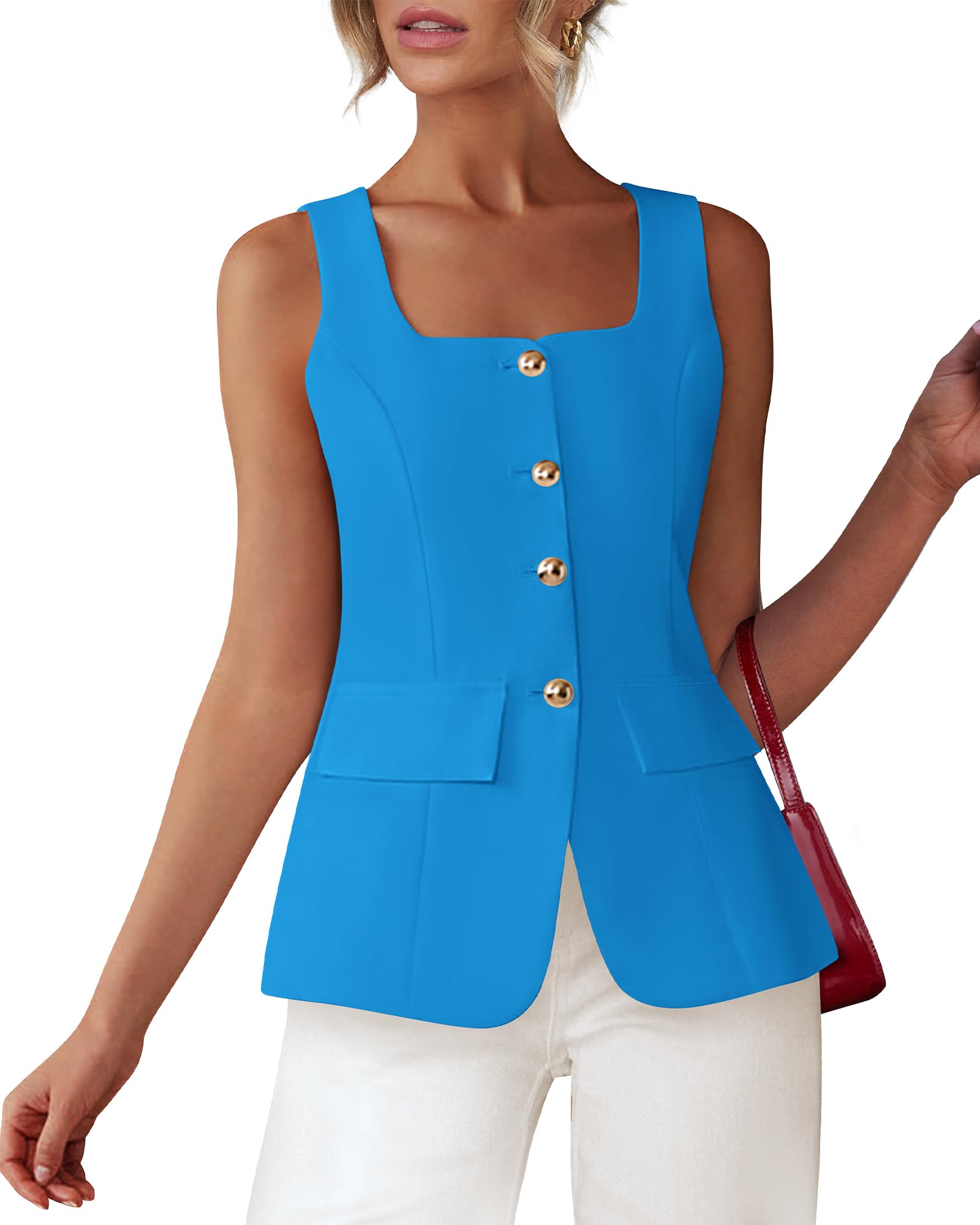 BTFBM Womens Sleeveless Suit Vests Dressy Casual Square Neck Business Work Waistcoat Spring Button Blazer Vest Tops