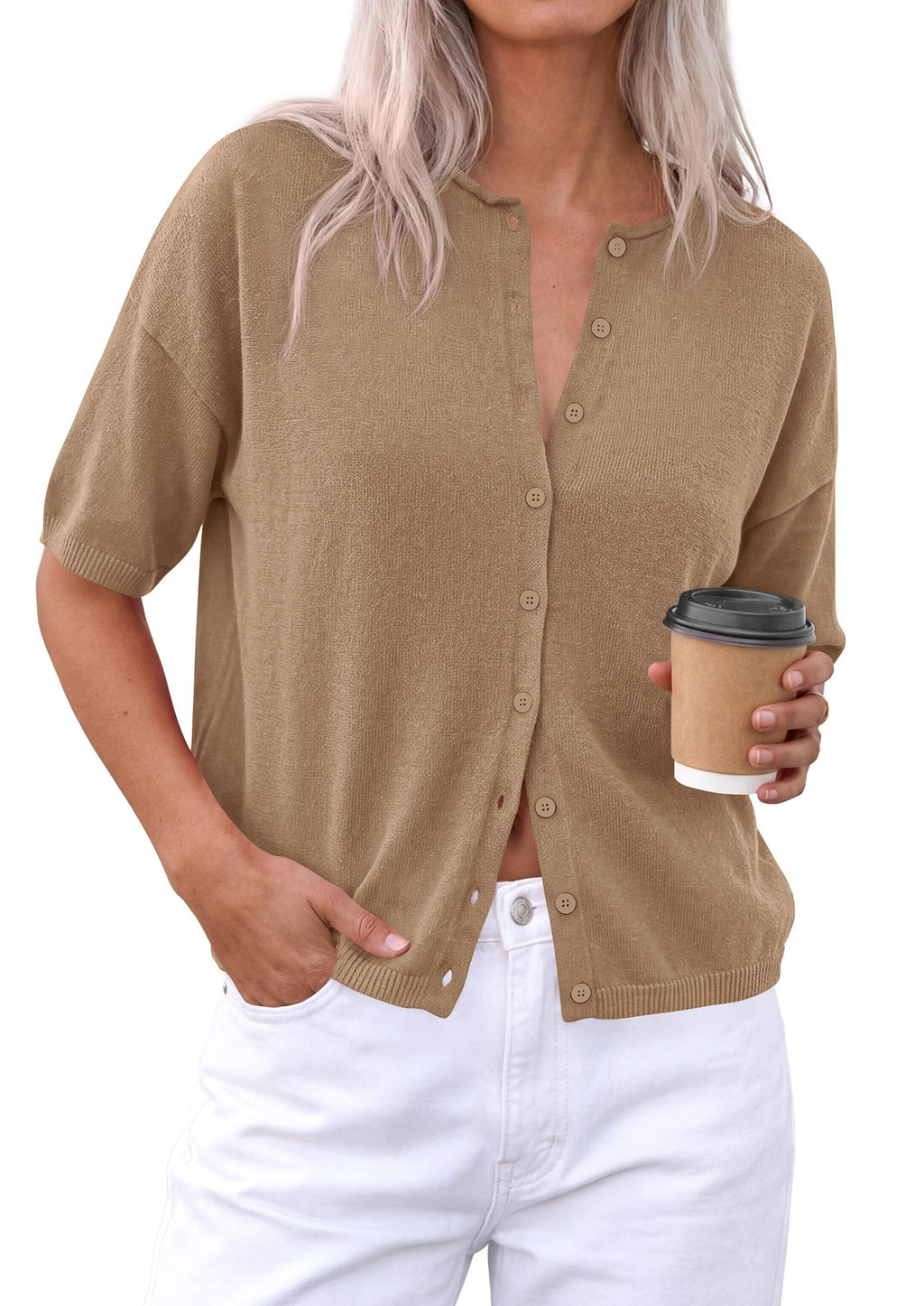 PRETTYGARDEN Women Spring Short Sleeve Cardigan Sweaters Button Down Knit Shirt Blouse Dressy Casual Tops Summer Outfits