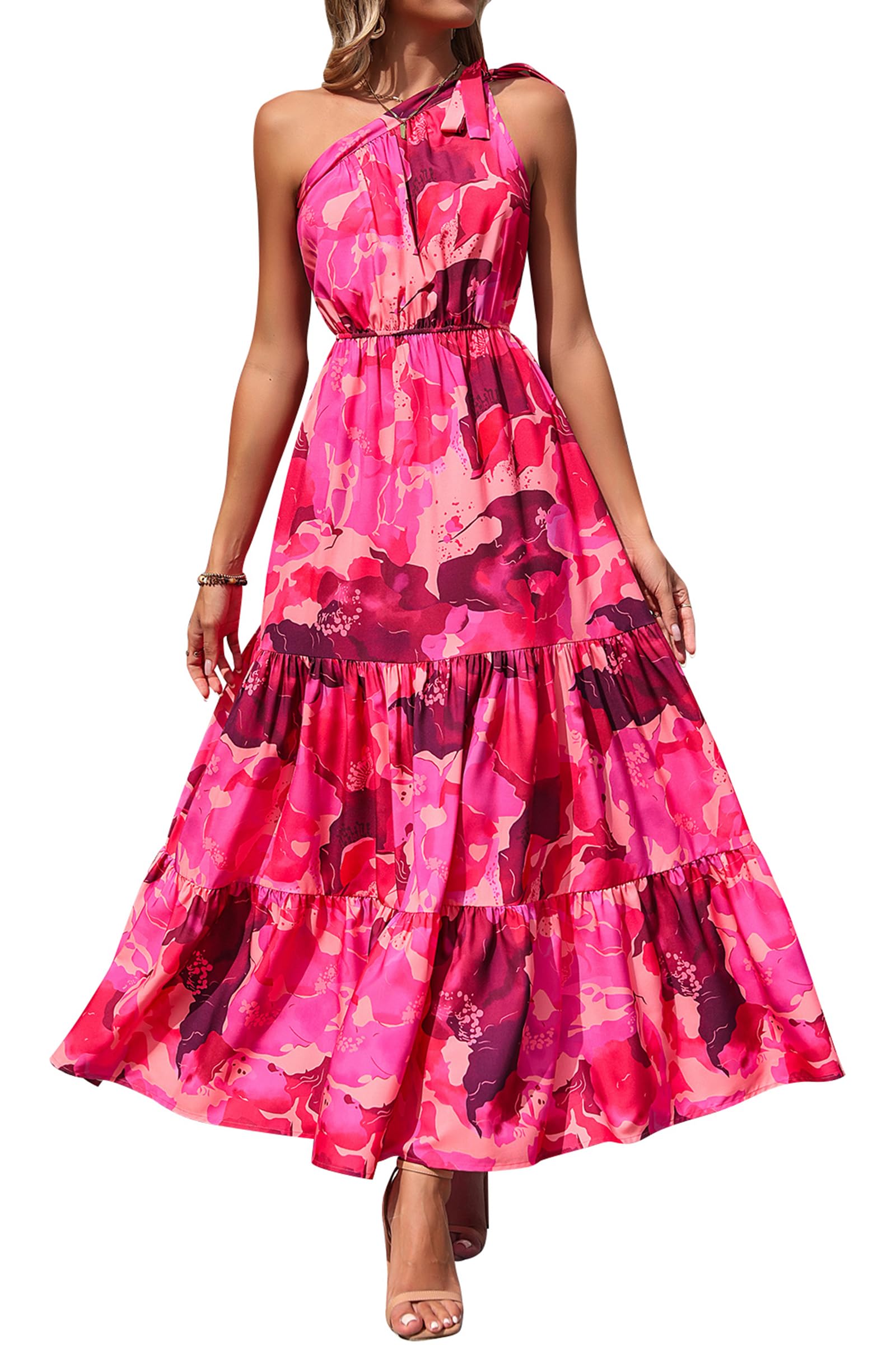 PRETTYGARDEN Women's Summer Floral One Shoulder Maxi Dress Knot Ruffle Boho Beach Vacation Wedding Guest Long Sun Dresses